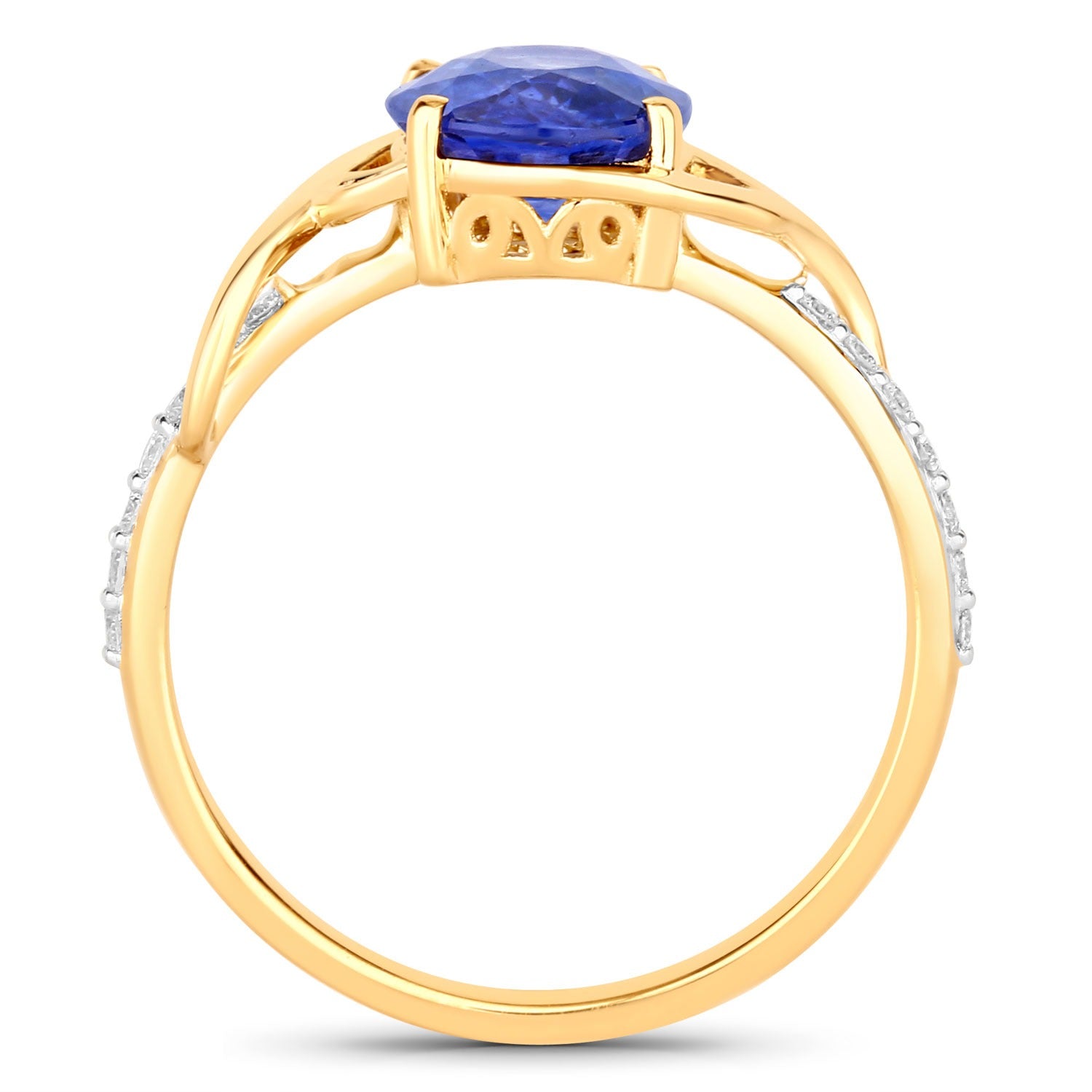 2.34 Ct Oval Ceylon Blue Sapphire and White Diamond Prong 18K Yellow Gold Pave Crossover Ring