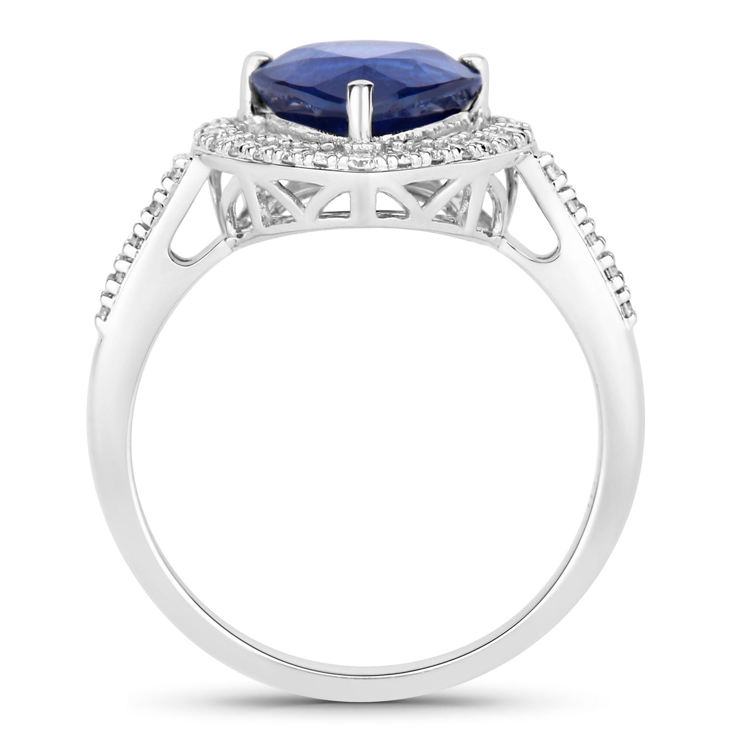 3.47 Ct Pear Ceylon Blue Sapphire and White Diamond Prong 18K White Gold Halo Statement Ring