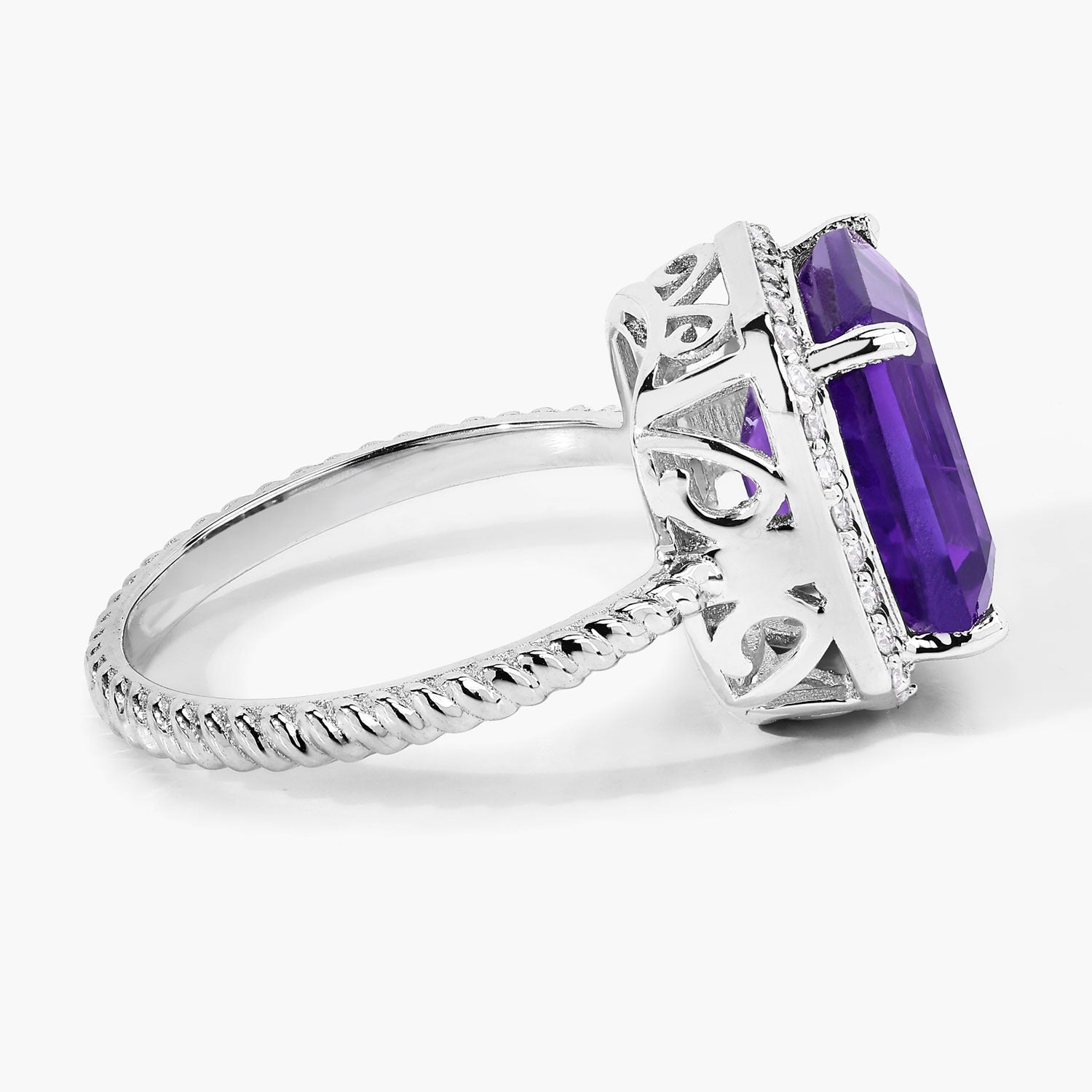 4.03 Ct Genuine Purple Amethyst and Lab Diamond Silver Halo Statement Ring Fine Color Jewels
