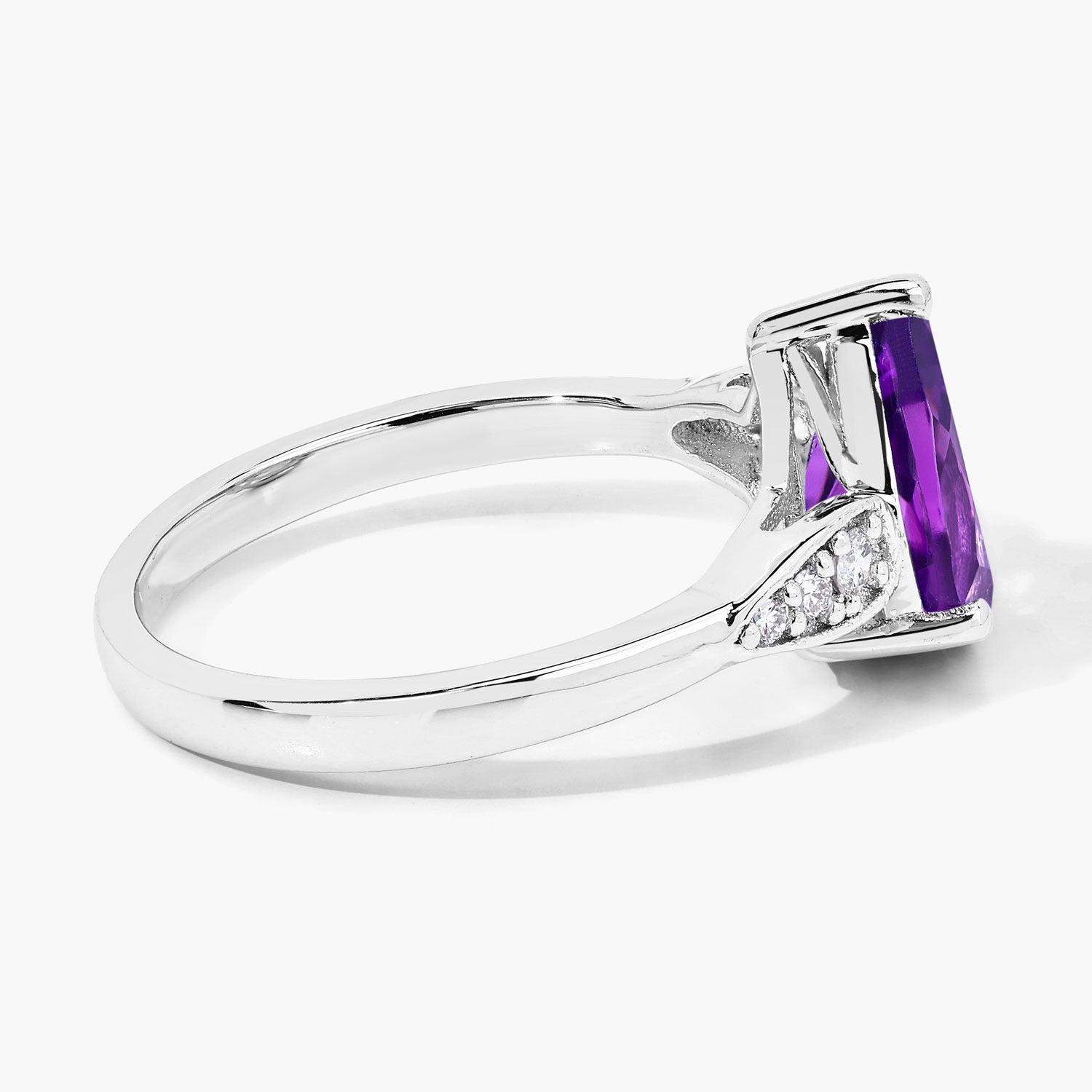 2.21 Ct Genuine Purple Amethyst Pear Shaped and Lab Diamond Silver Ring