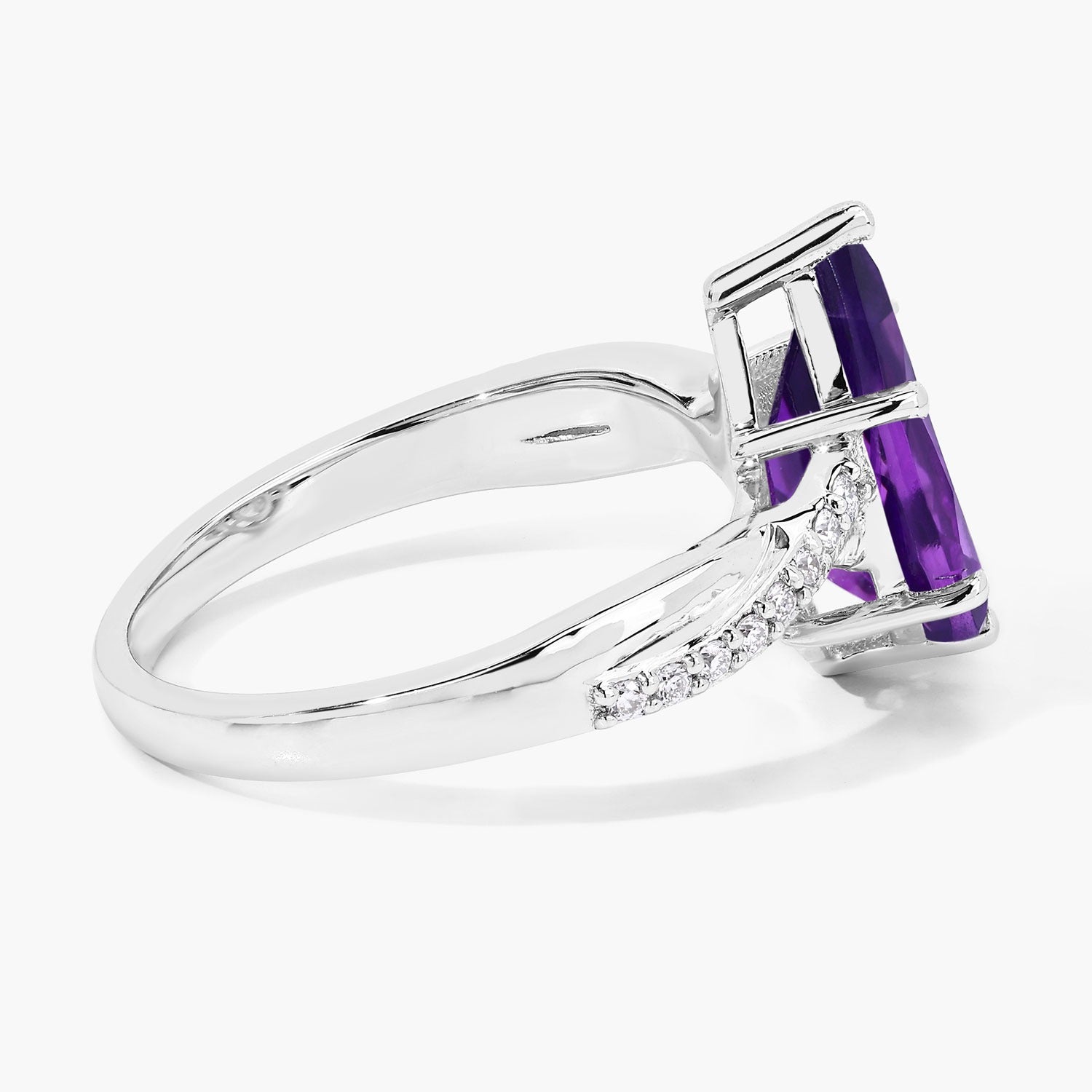 2.62 Ct Genuine Pear Shaped Amethyst Lab Diamond Silver Bypass Ring