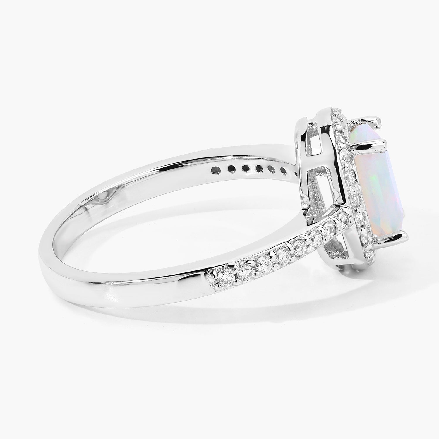 0.92 Ct Genuine Ethiopian Opal and Lab Diamond Silver Halo Pave Ring