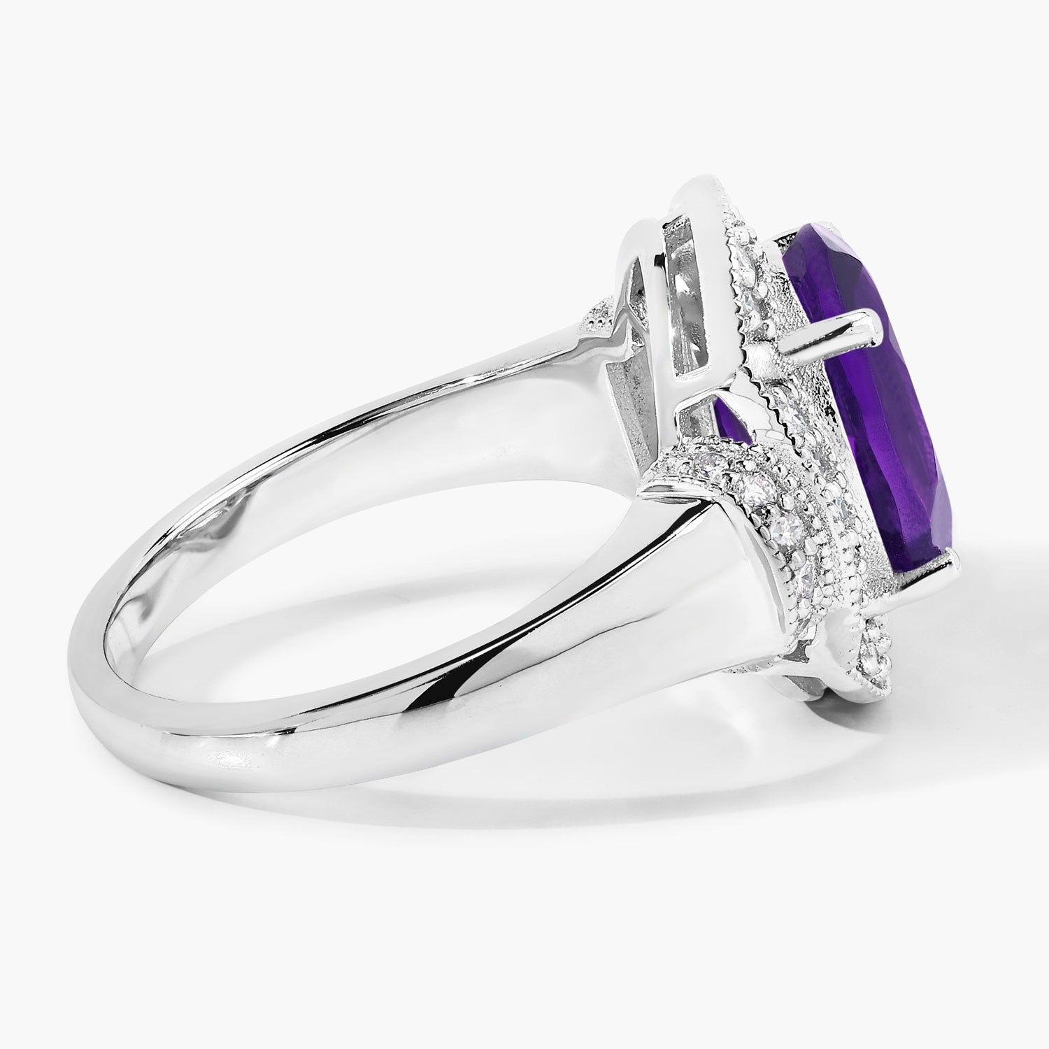 3.54 Ct Genuine Amethyst and Lab Diamond Silver Statement Ring Fine Color Jewels