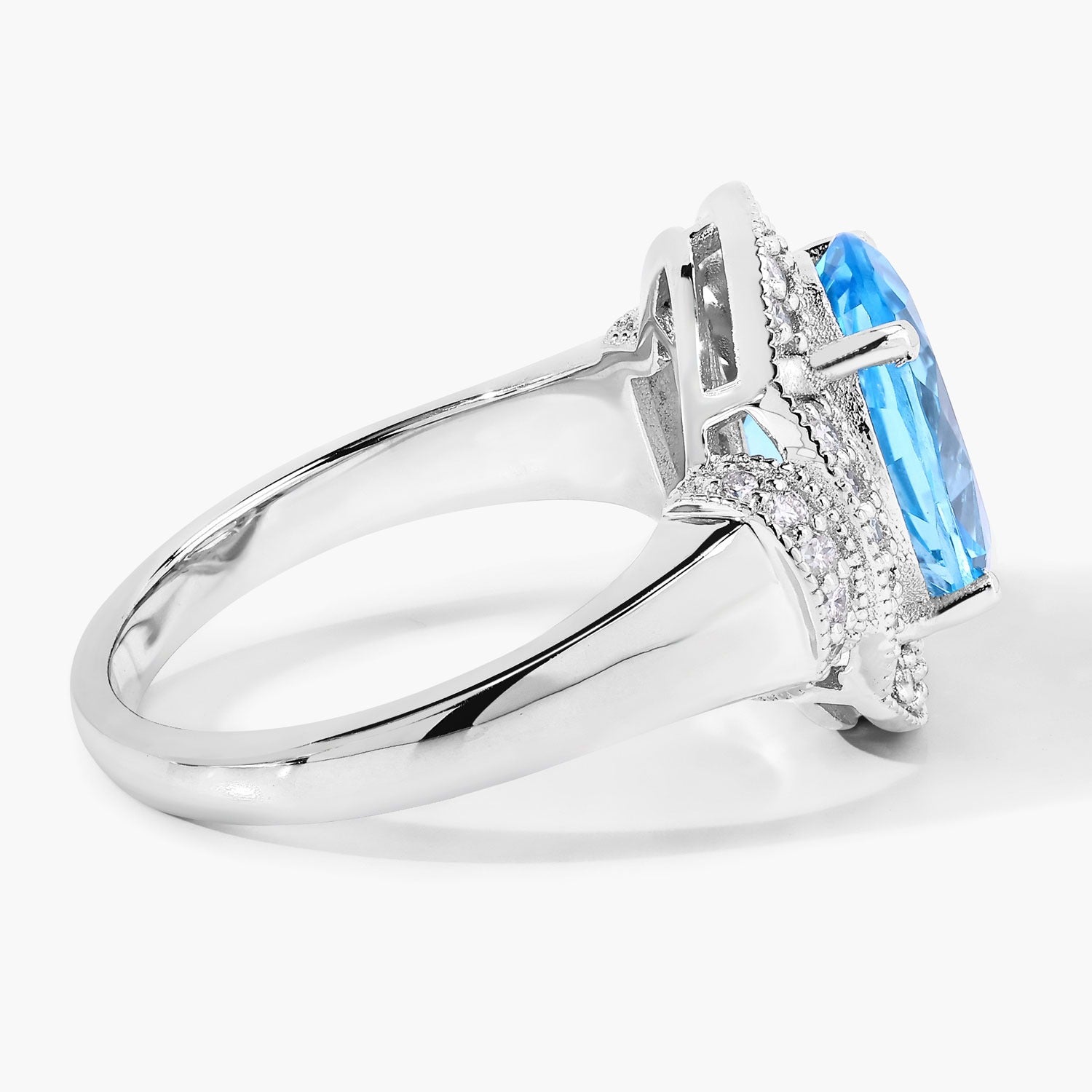 4.34 Ct Genuine Swiss Blue Topaz and Lab Diamond Silver Statement Ring Fine Color Jewels