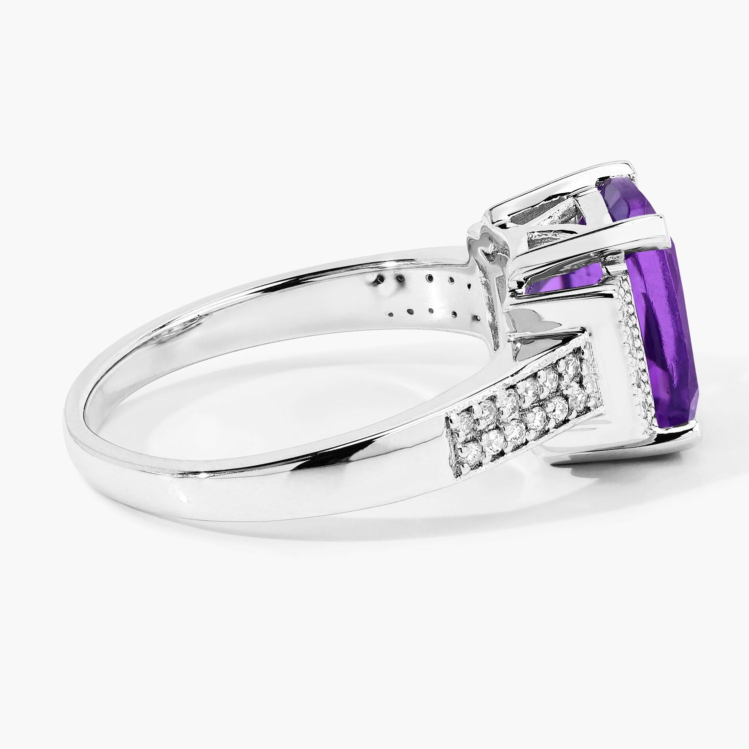 2.78 Ct Genuine Amethyst and Lab Diamond Silver Cushion Cut Statement Ring Fine Color Jewels
