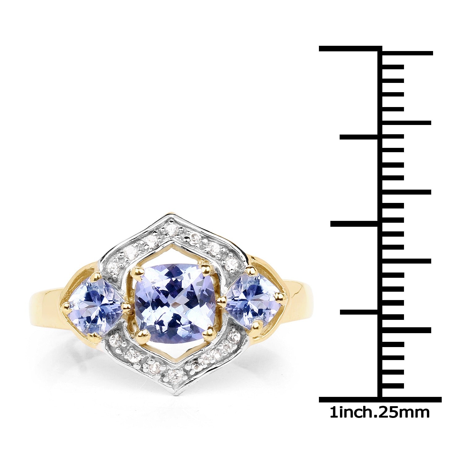 1.58 Ct Cushion Violet Tanzanite Prong Yellow Gold Plated Silver Halo Three Stone Ring
