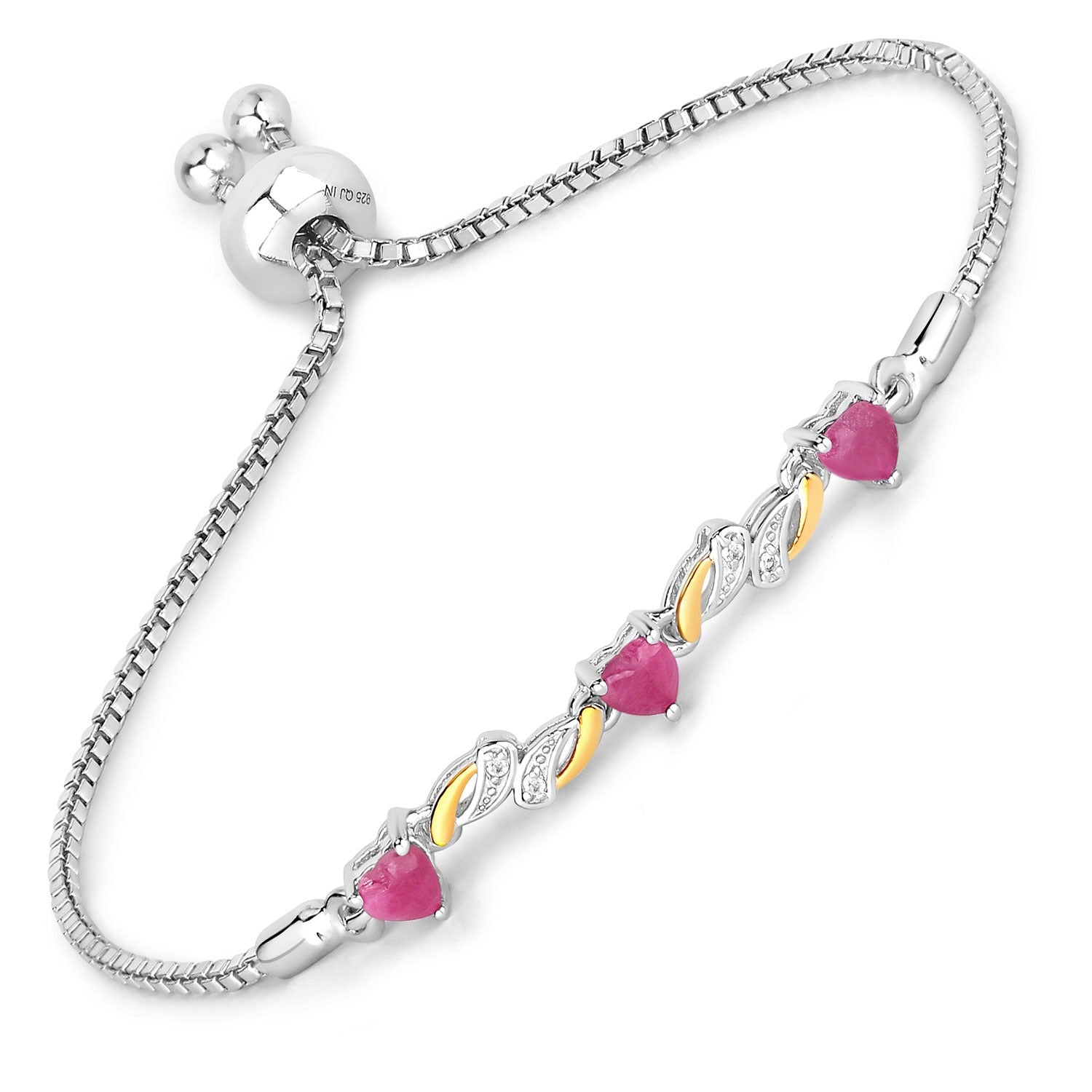 Sterling silver adjustable bracelet with pink heart gemstones and gold accents, Fine Color Jewels