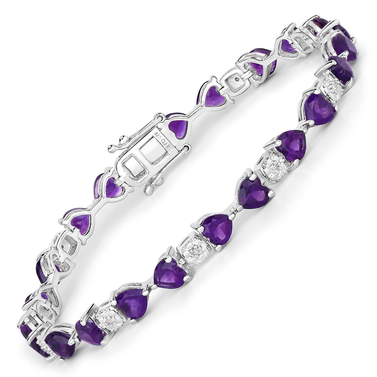 Genuine Amethyst and Diamond Silver Heart Bracelet