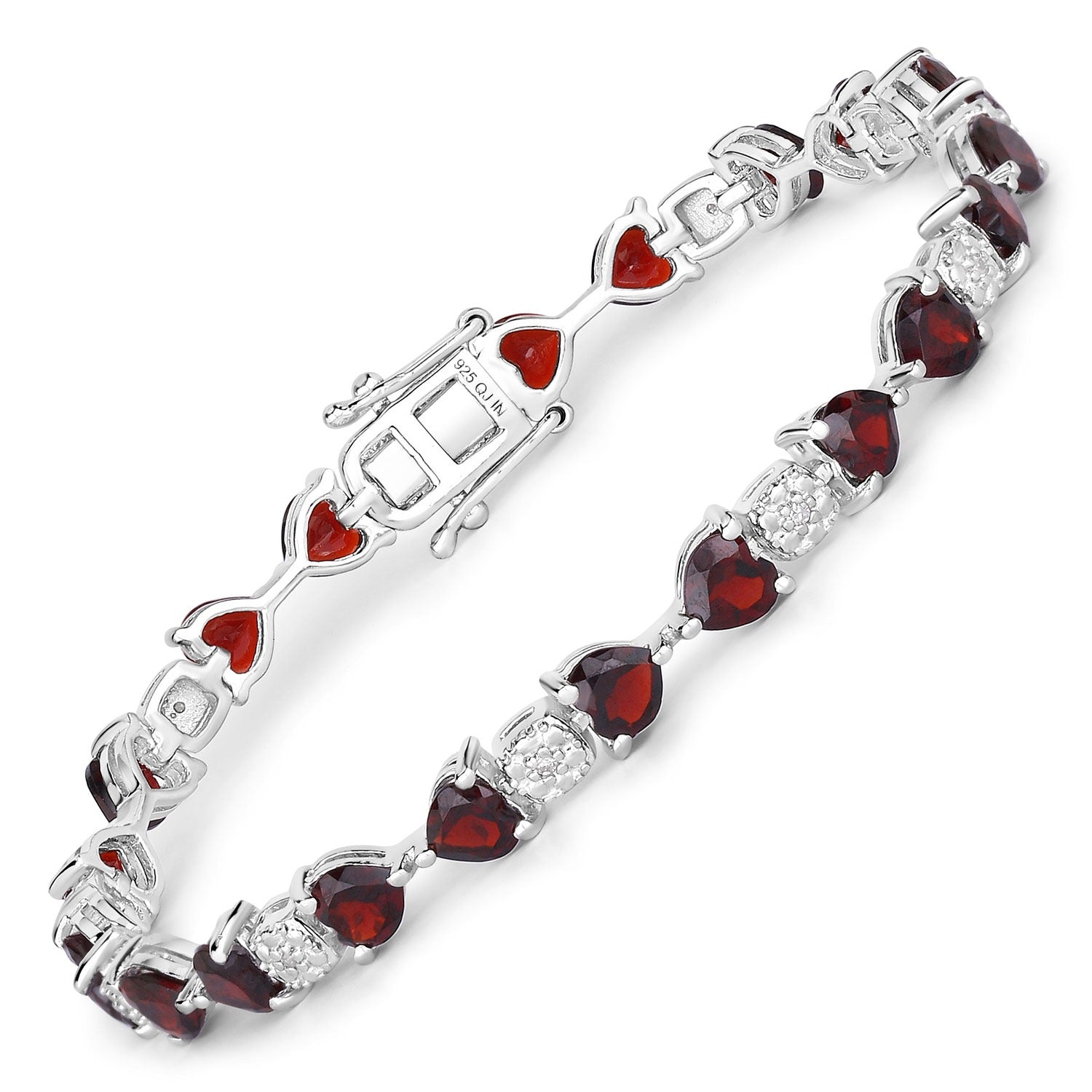 Sterling silver bracelet with heart-shaped red gemstones and diamond accents, Fine Color Jewels