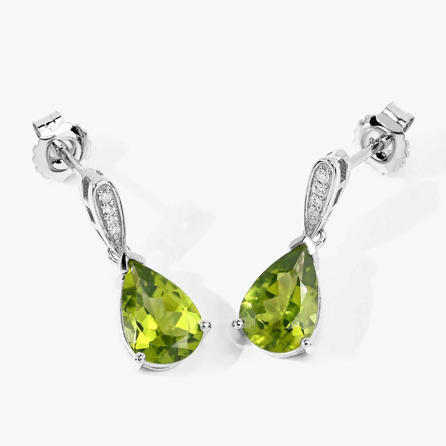 Genuine Green Peridot and Lab Grown Diamond Silver Earrings