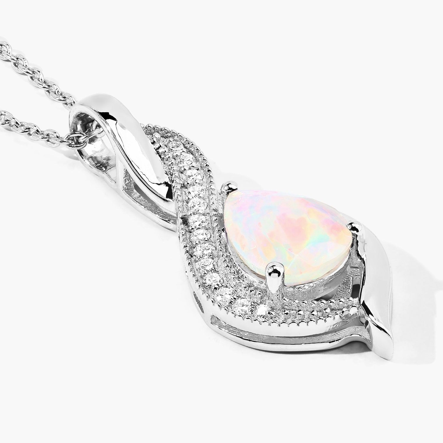 1.02 Ct Genuine Ethiopian Opal and Lab Diamond Silver Teardrop Necklace