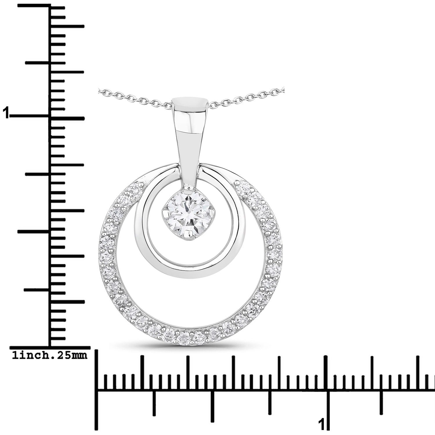 1 Cttw Round White Lab Grown Diamond Prong Rhodium Plated Silver Double Circle Halo Pendant