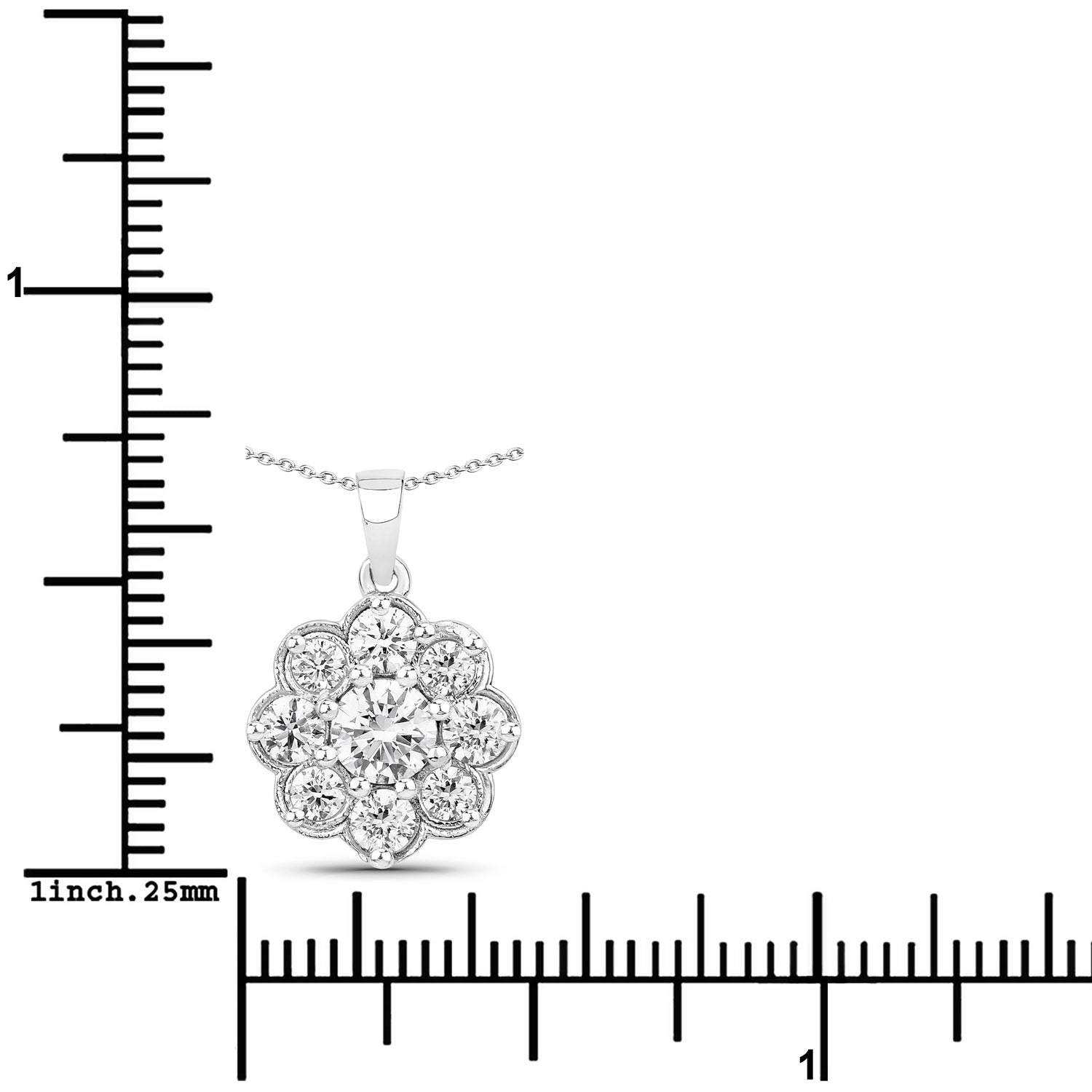 1 Cttw Round Lab Diamond Prong Rhodium Plated Silver Scalloped Floral Halo Cluster Pendant