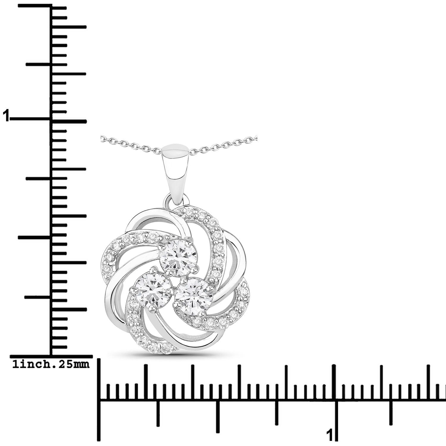 1 Cttw Round Lab Diamond Prong Rhodium Plated Silver Three Stone Swirl Flower Pendant