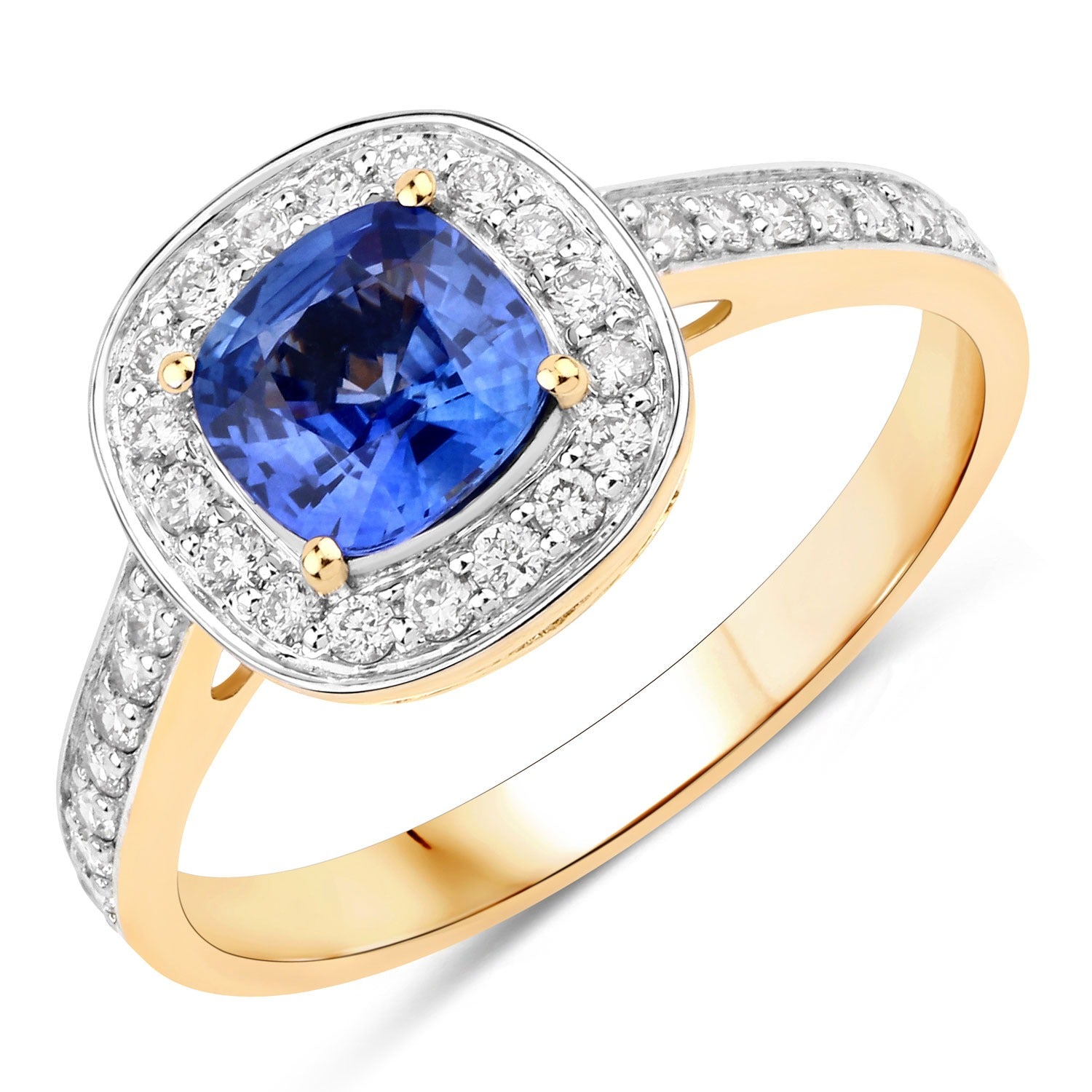 1.31 Ct Genuine Blue Sapphire Diamond 18K Yellow Gold Halo Pave Ring