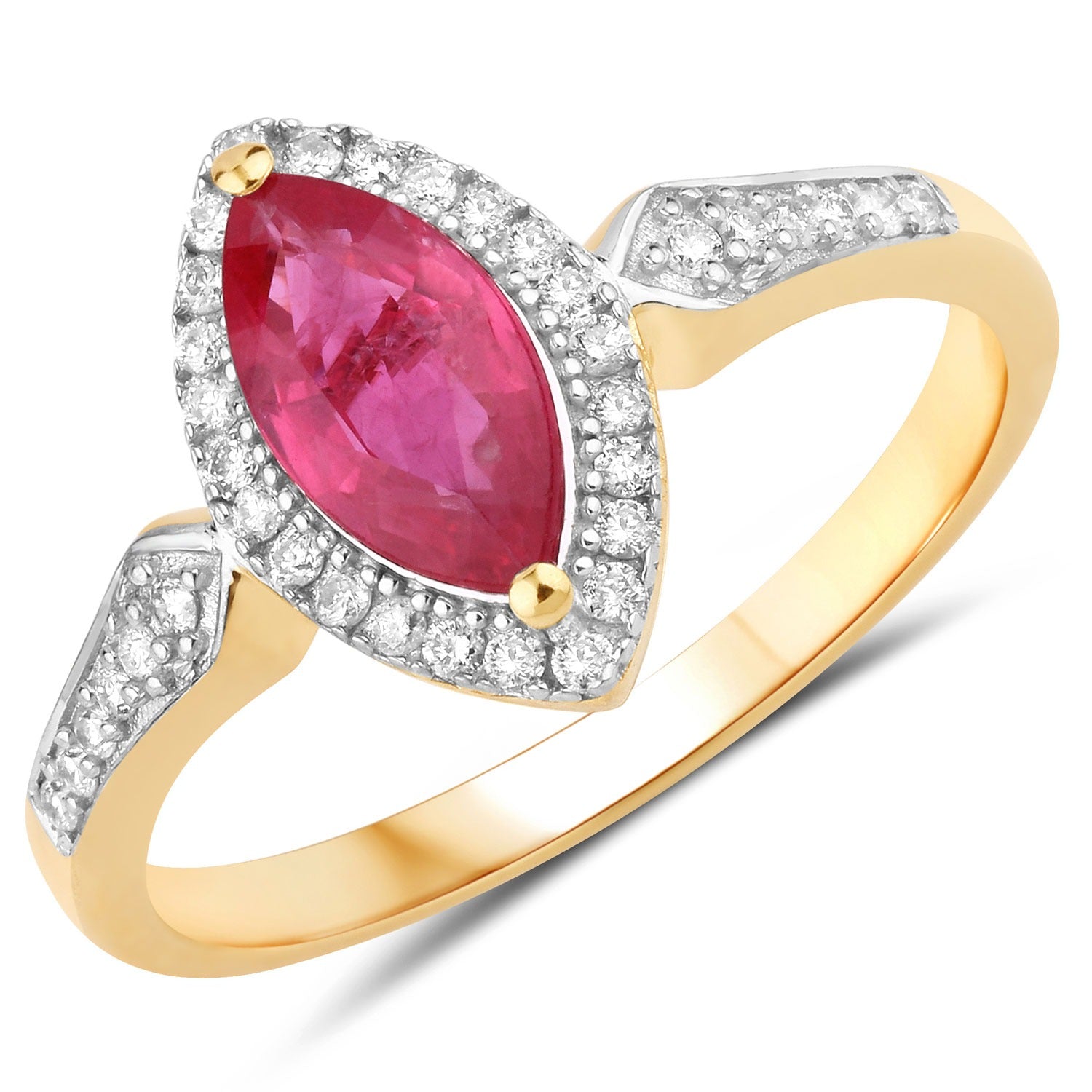 1.14 Ct Marquise Cut Pink Ruby and White Diamond Prong 14K Yellow Gold Halo Pave Ring