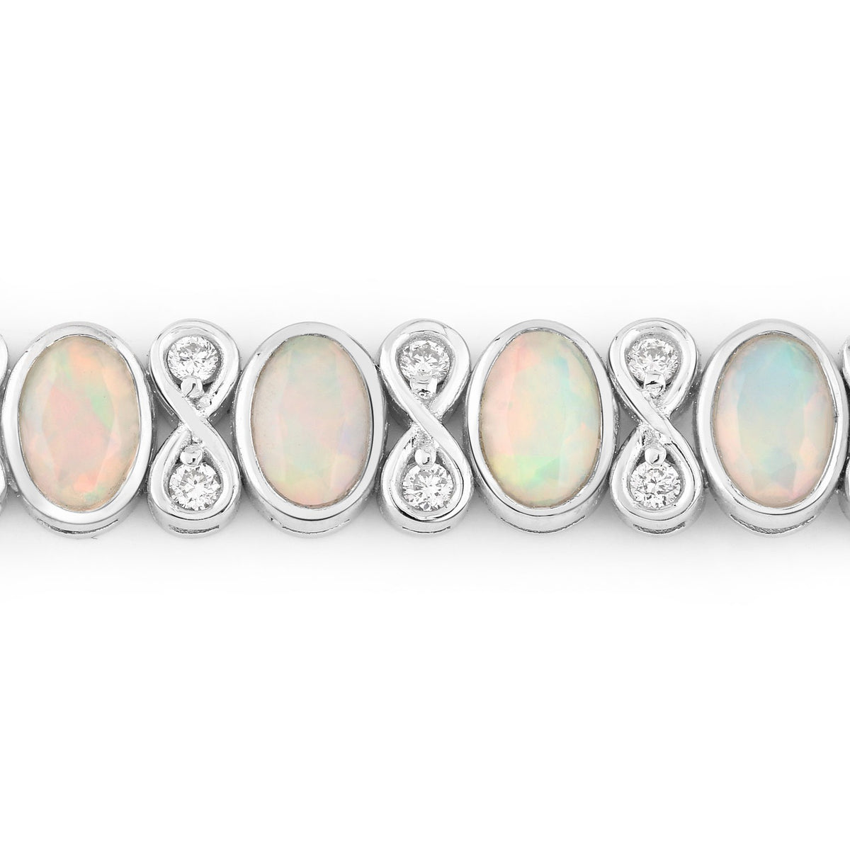 6.25 Cttw Oval White Ethiopian Opal Lab Grown Diamond Sterling Silver Tennis Infinity Bracelet