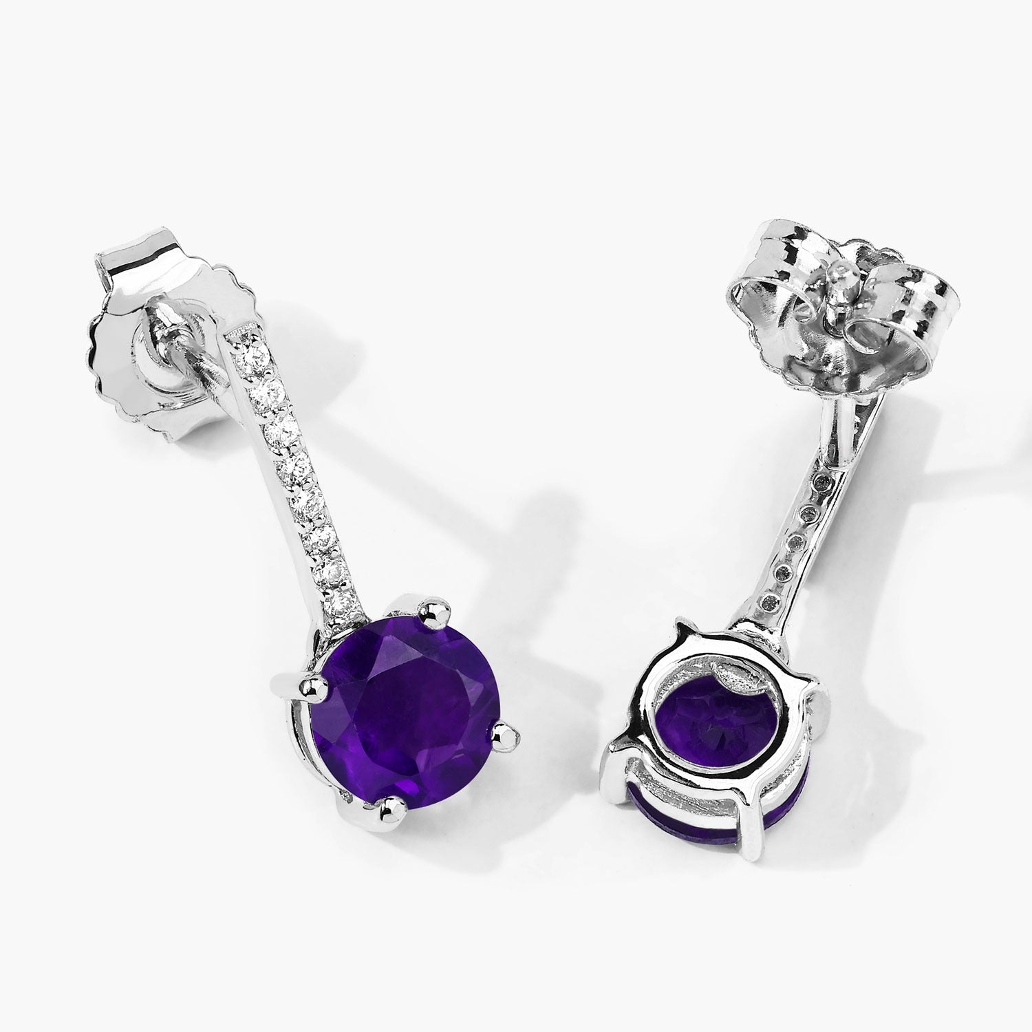 Genuine Amethyst and Diamond Silver Earrings
