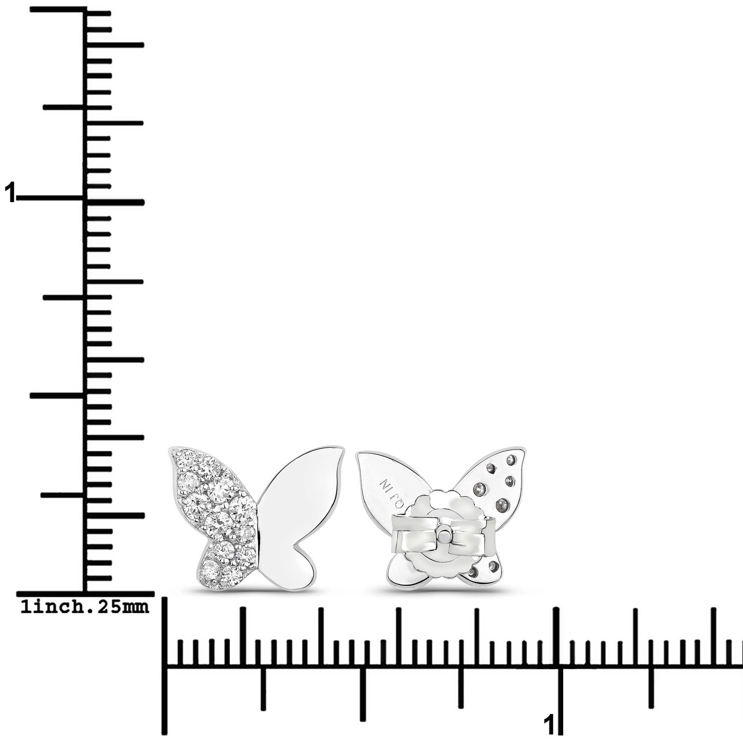 0.34 Cttw Round White Lab Diamond Pavé Rhodium Plated Silver Half Pavé Butterfly Stud Earrings