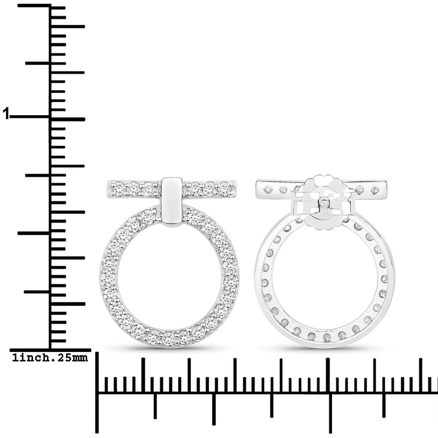 1.01 Cttw Round White Lab Diamond Pavé Rhodium Plated Silver T-Bar Open Circle Drop Earrings