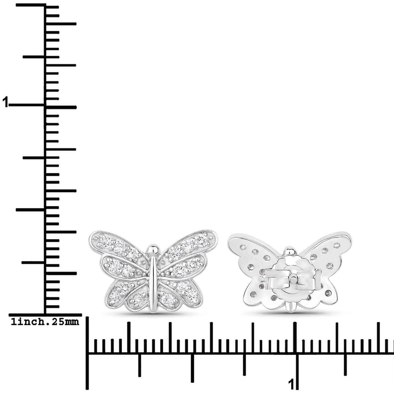0.52 Cttw Round White Lab Diamond Pavé Rhodium Plated Silver Butterfly Stud Earrings