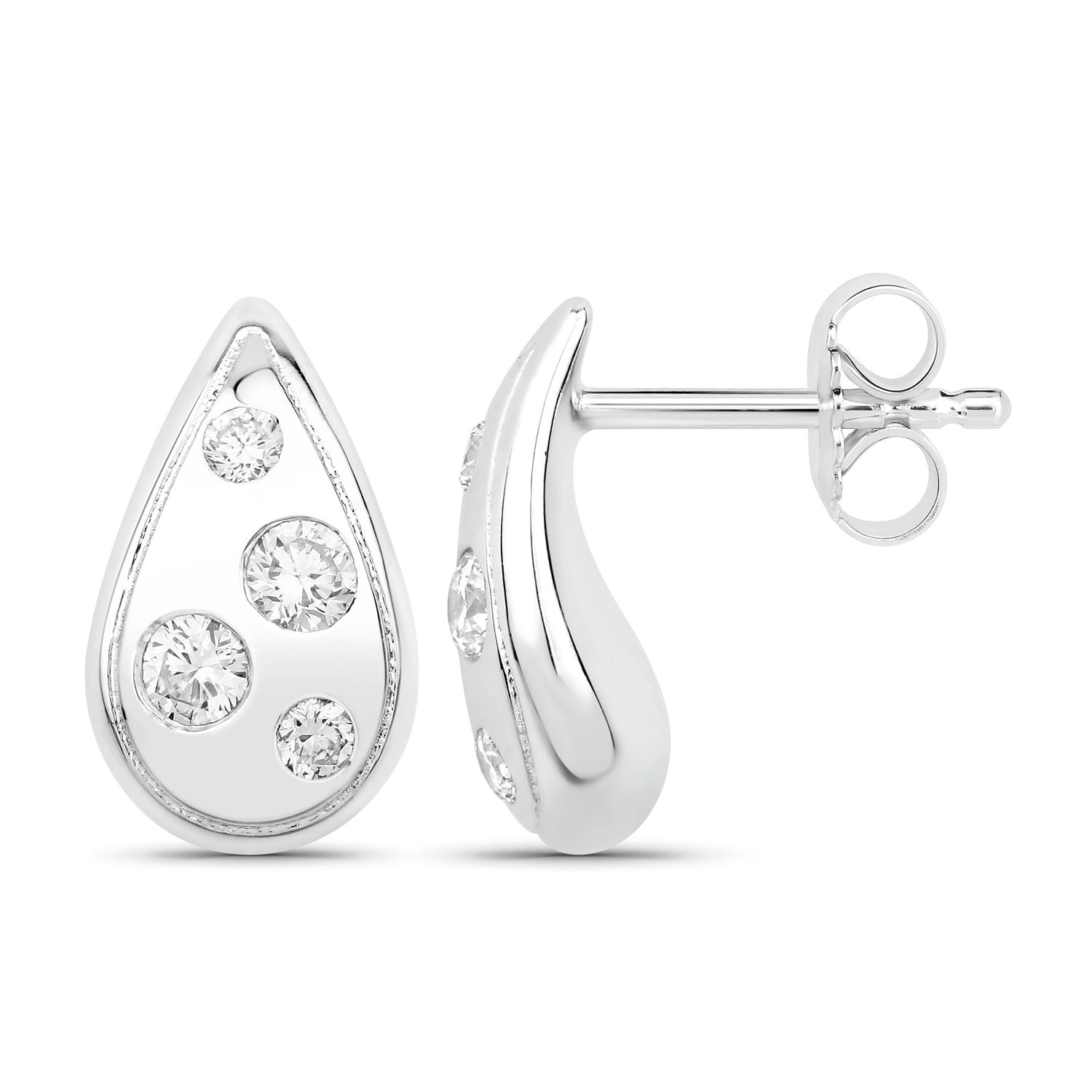 0.50 Cttw Round White Lab Diamond Bezel Rhodium Plated Silver Teardrop Stud Earrings