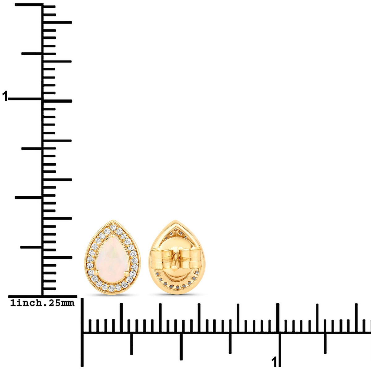 0.64 Cttw Pear White Ethiopian Opal White Diamond 14K Yellow Gold Halo Stud Earrings