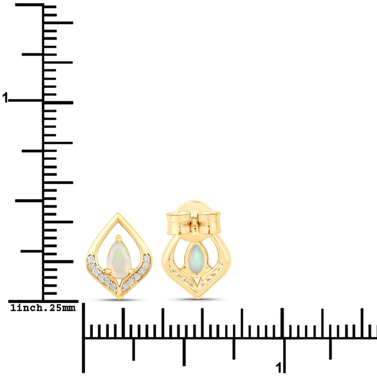 0.34 Cttw Pear White Ethiopian Opal White Natural Diamond 14K Yellow Gold Stud Earrings