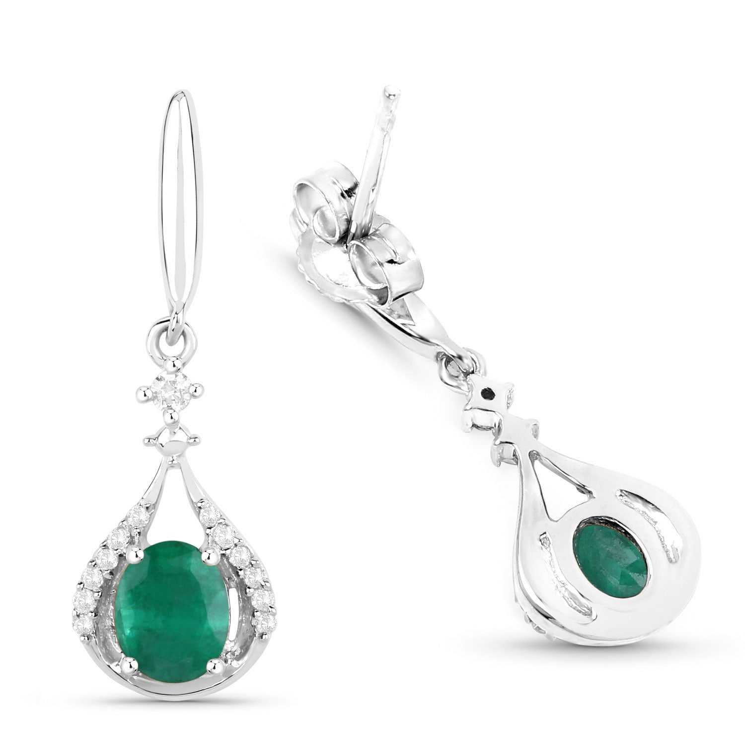 0.70 Ct Oval Green Zambian Emerald and Diamond 14K White Gold Dangle Drop Earrings