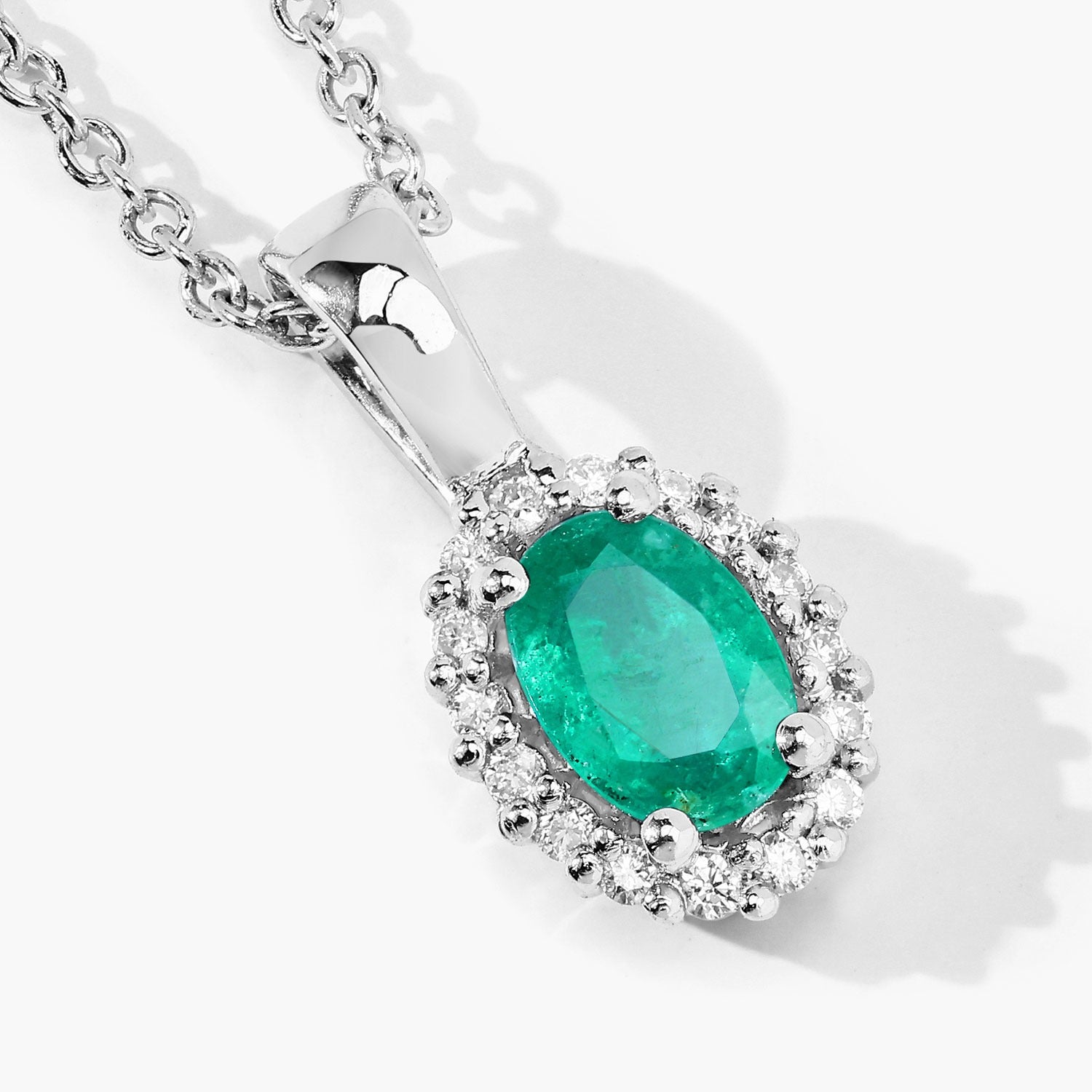 0.54 Ct Genuine Zambian Emerald and Lab Diamond Silver Oval Necklace