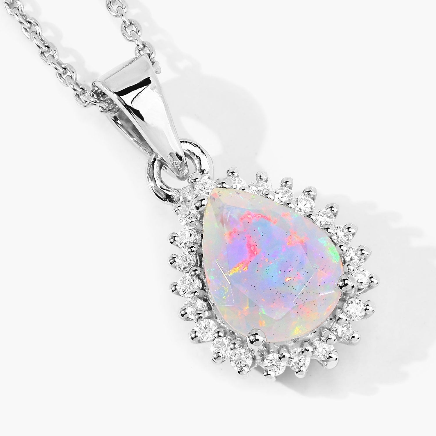 1.07 Ct Genuine Ethiopian Opal and Lab Diamond Silver Teardrop Necklace