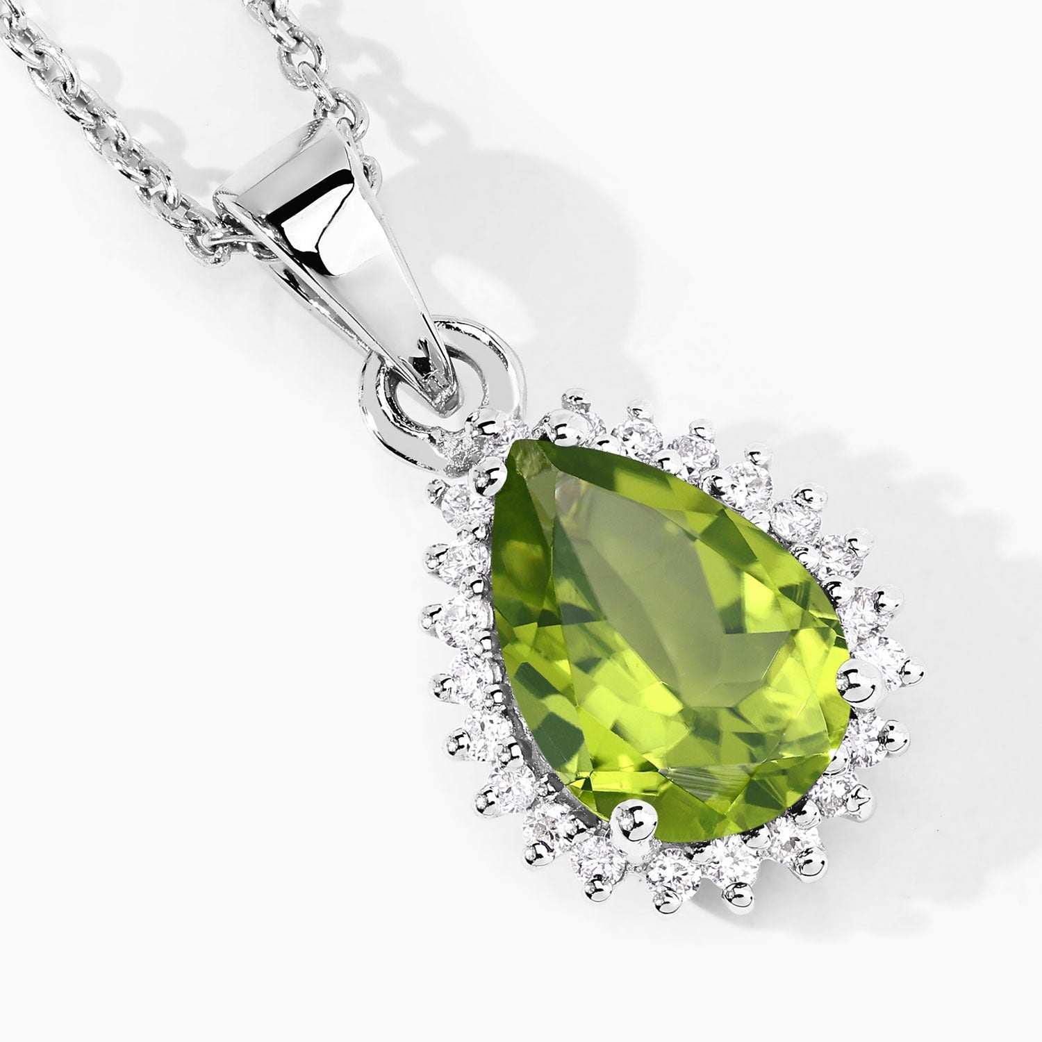 1.63 Ct Genuine Peridot and Lab Grown Diamond Silver Pear Necklace