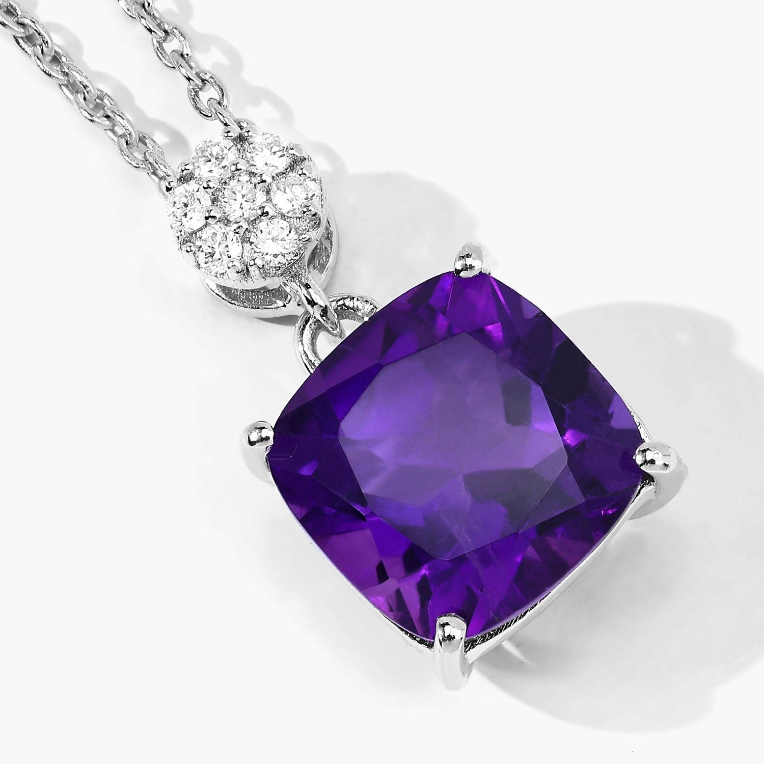 2.67 Ct Genuine Purple  Amethyst and Lab Diamond Silver Cushion Necklace