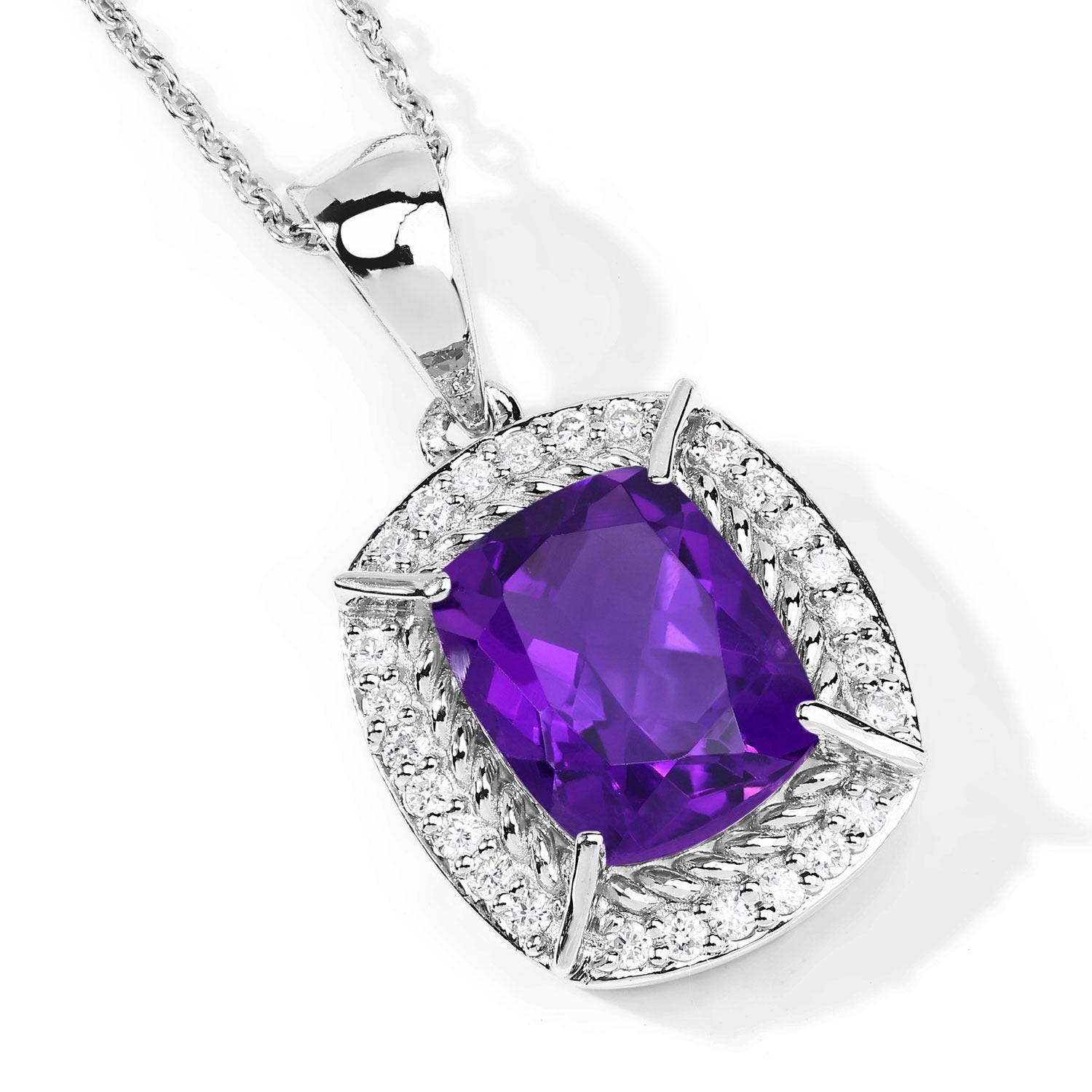 2.86 Ct Genuine Purple Amethyst and Lab Diamond  Silver Halo Necklace