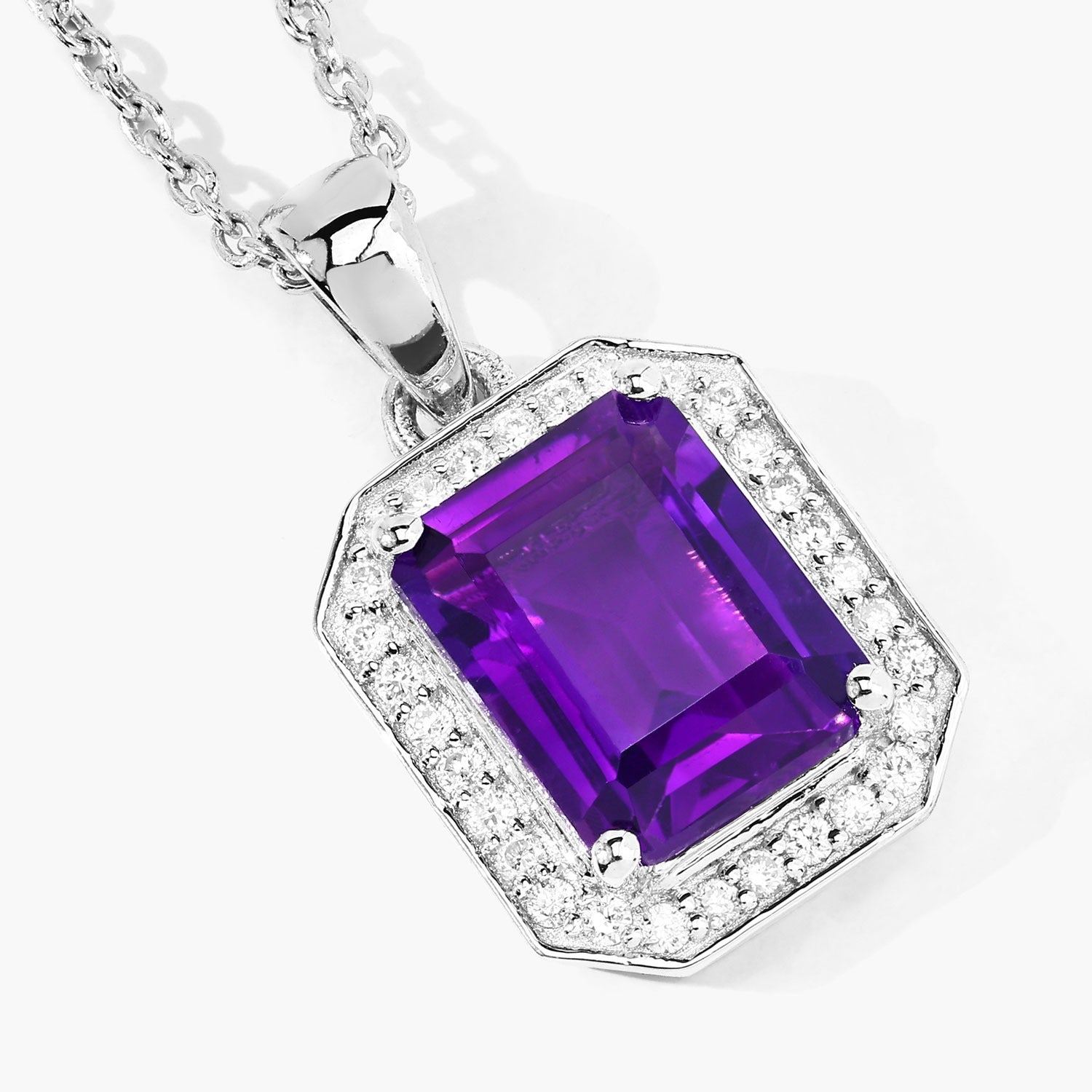 2.28 Ct Genuine Amethyst and Lab Diamond Silver Halo Necklace