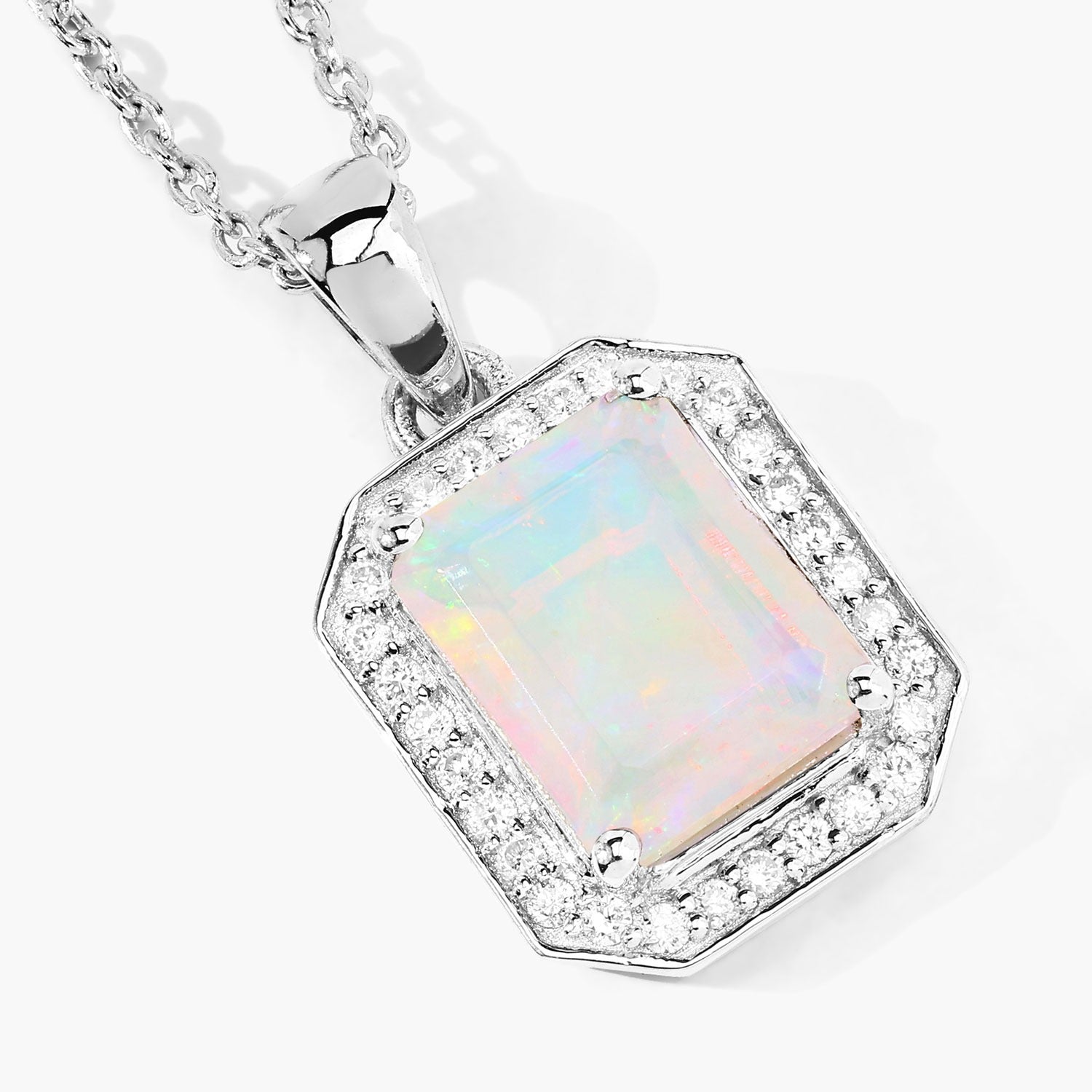 1.39 Ct Genuine Ethiopian Opal and Lab Diamond Silver Halo Necklace
