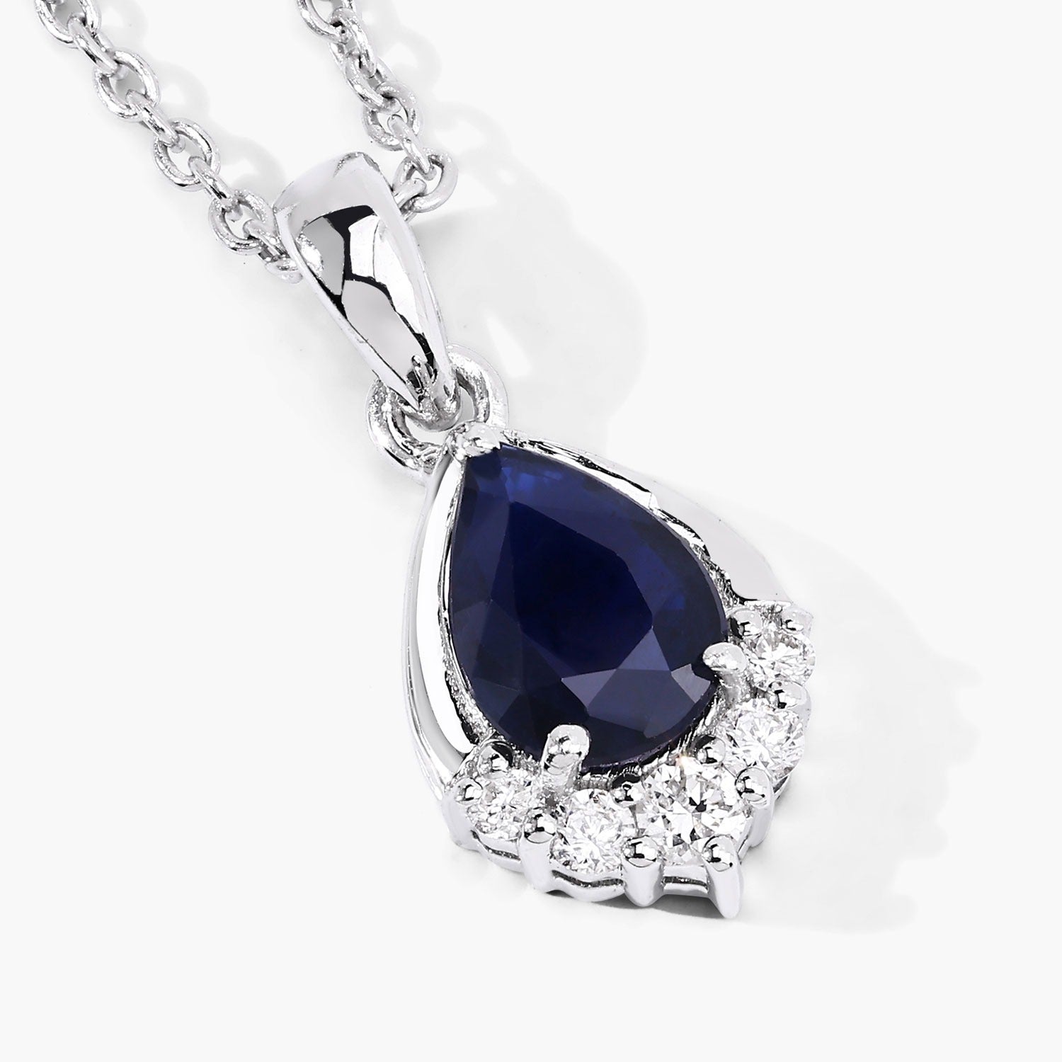 0.97 Carat Genuine Pear Shaped Blue Sapphire and Lab Grown Diamond Silver Necklace