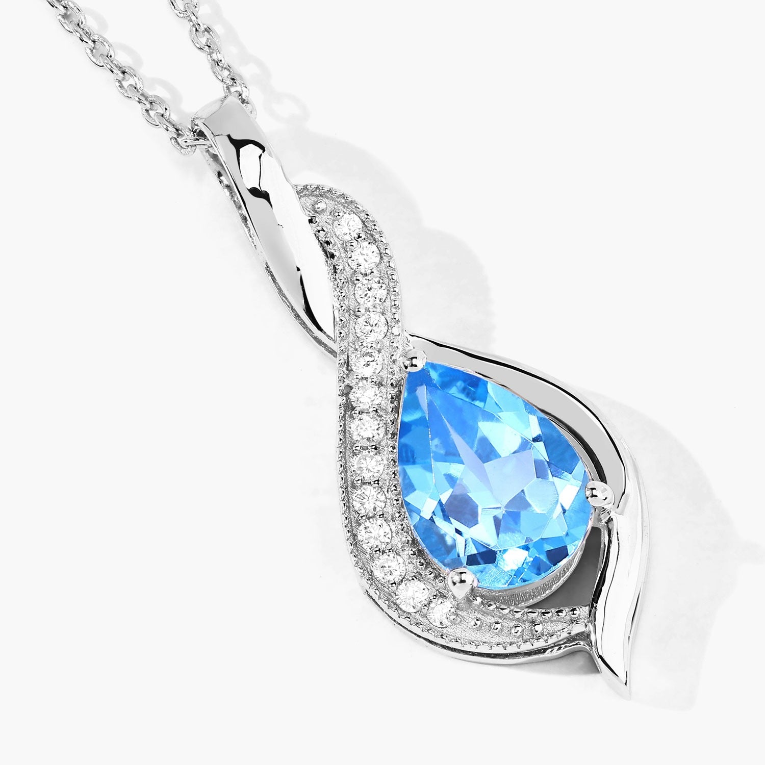 2.02 Ct Genuine Swiss Blue Topaz and Lab Grown Diamond Silver Teardrop Crossover Pendant Necklace Fine Color Jewels