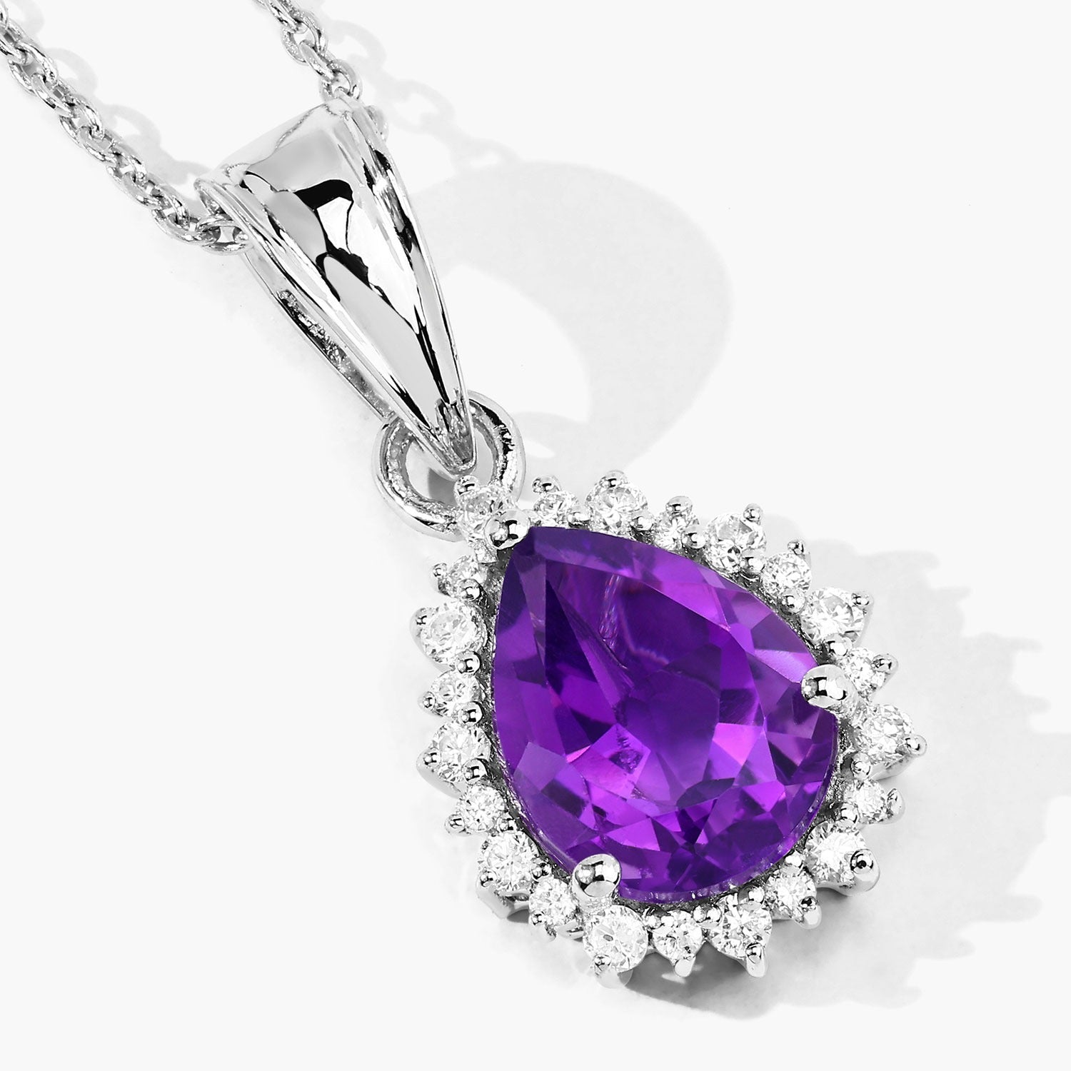 2.35 Ct Genuine Amethyst and Lab Grown Diamond Silver Halo Necklace