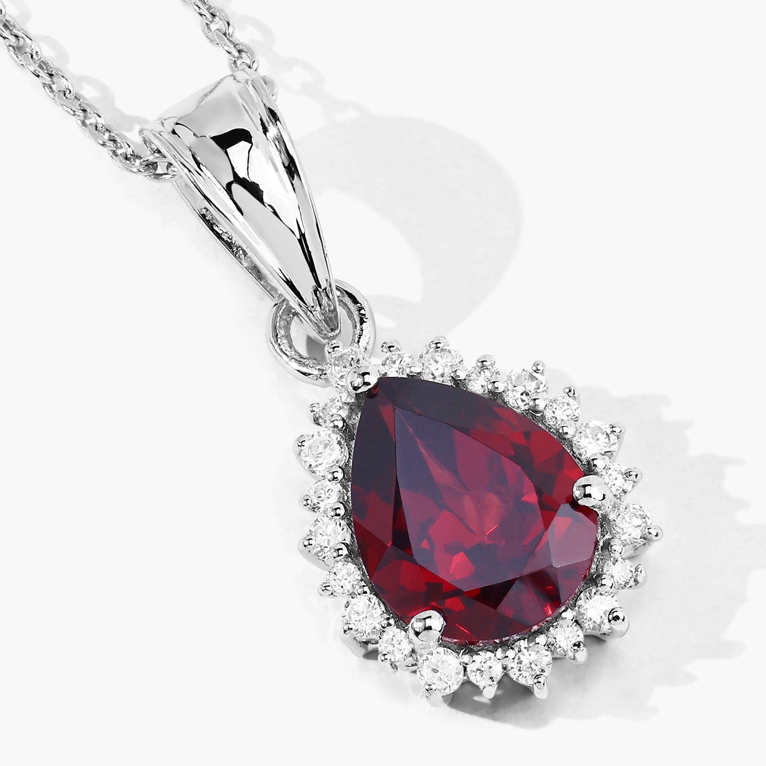 2.70 Ct Genuine Mozambique Garnet and Lab Grown Diamond Silver Halo Necklace