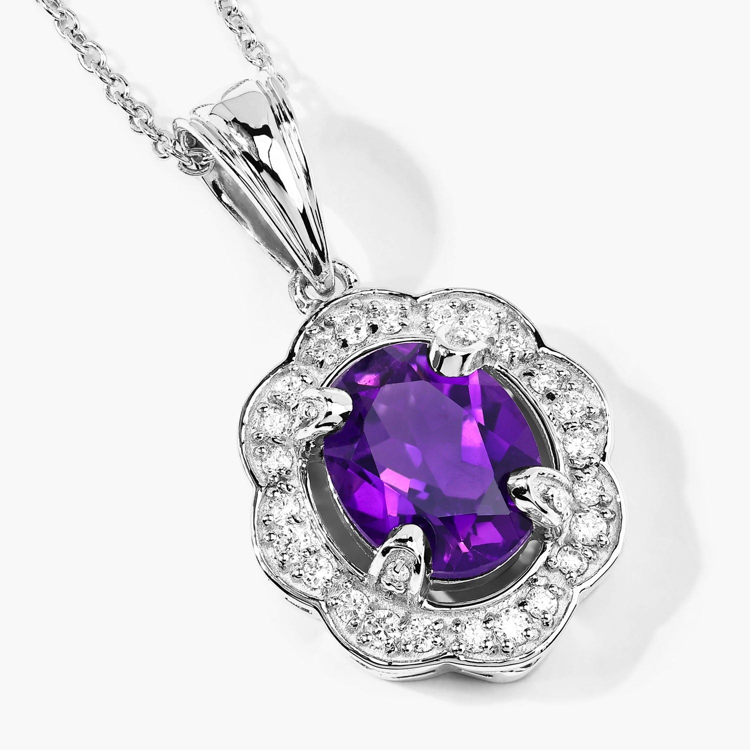 2.52 Ct Genuine Amethyst and Lab Diamond Silver Halo Necklace