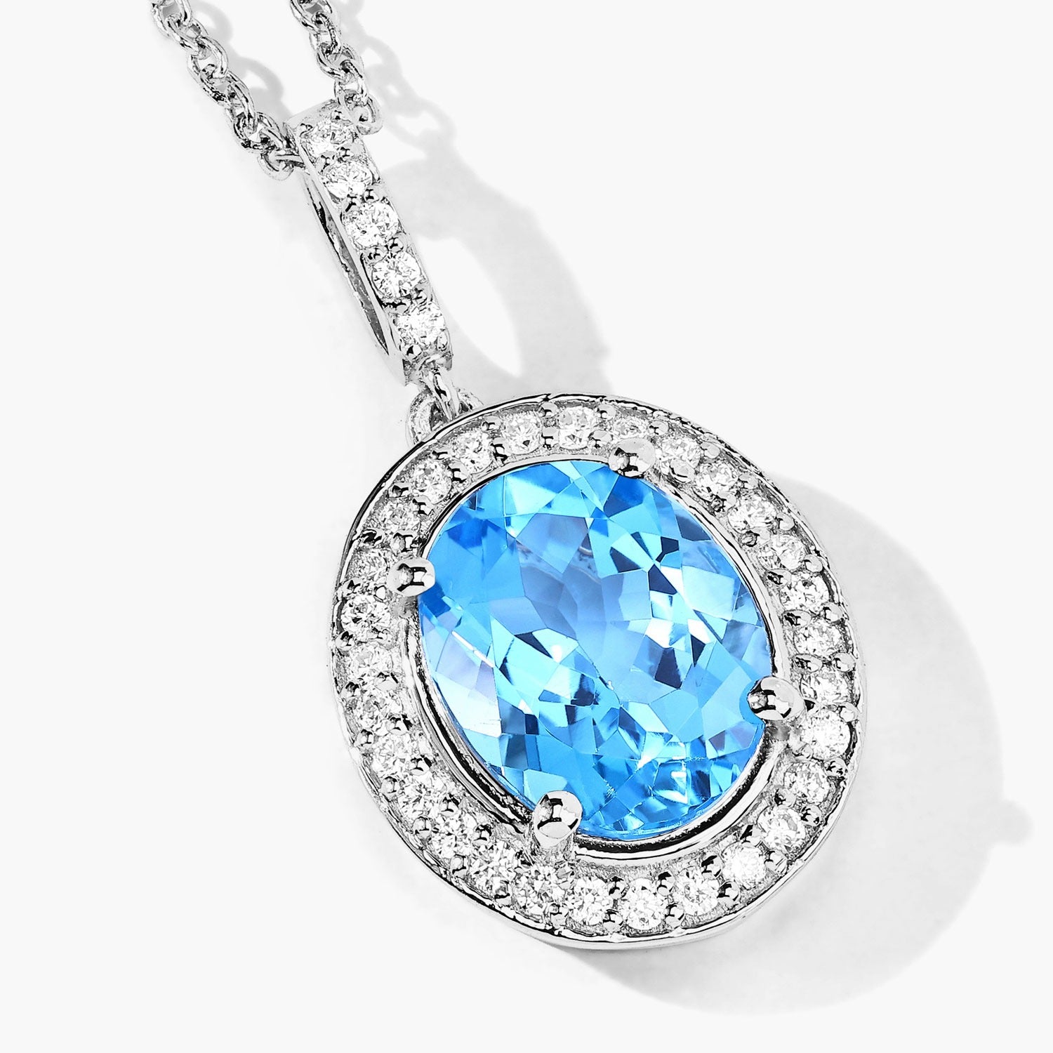 2.81 Ct Genuine Swiss Blue Topaz and Lab Diamond Silver Halo Necklace