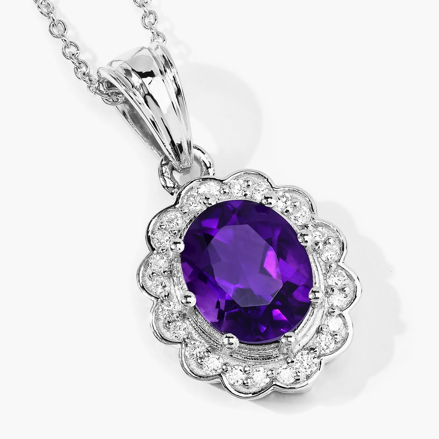 2.44 Ct Genuine Oval Amethyst and Lab Diamond Silver Halo Necklace
