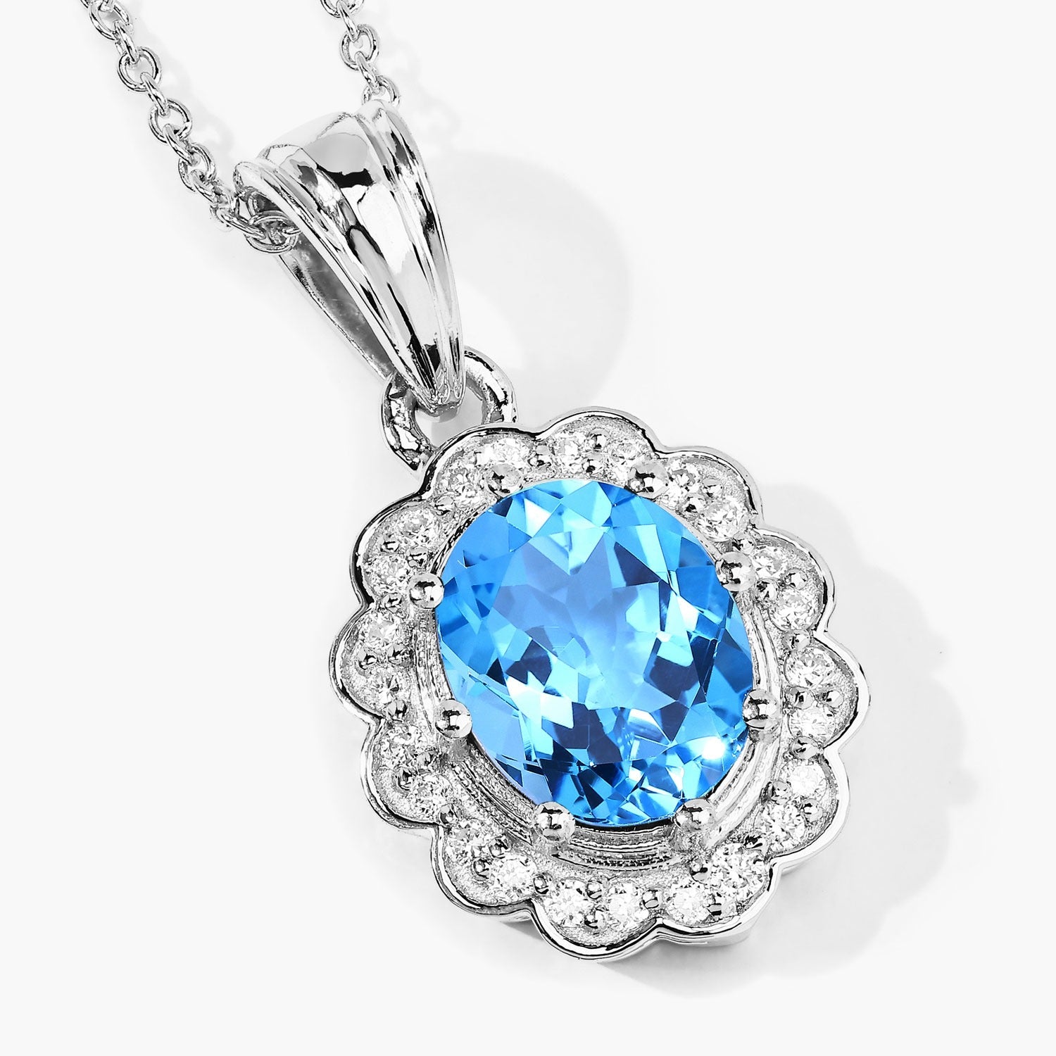 2.79 Ct Genuine Oval Swiss Blue Topaz and Lab Diamond Silver Halo Necklace