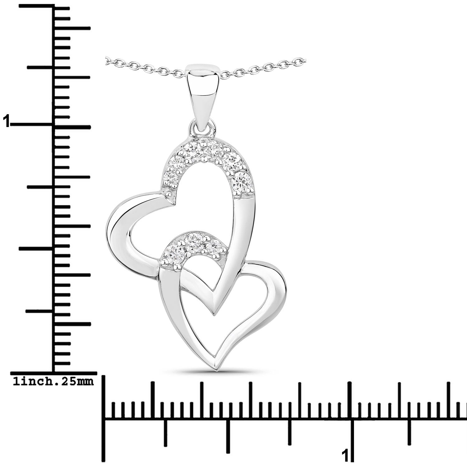 0.26 Cttw Round Lab Diamond Prong Rhodium Plated Silver Intertwined Double Heart Pendant
