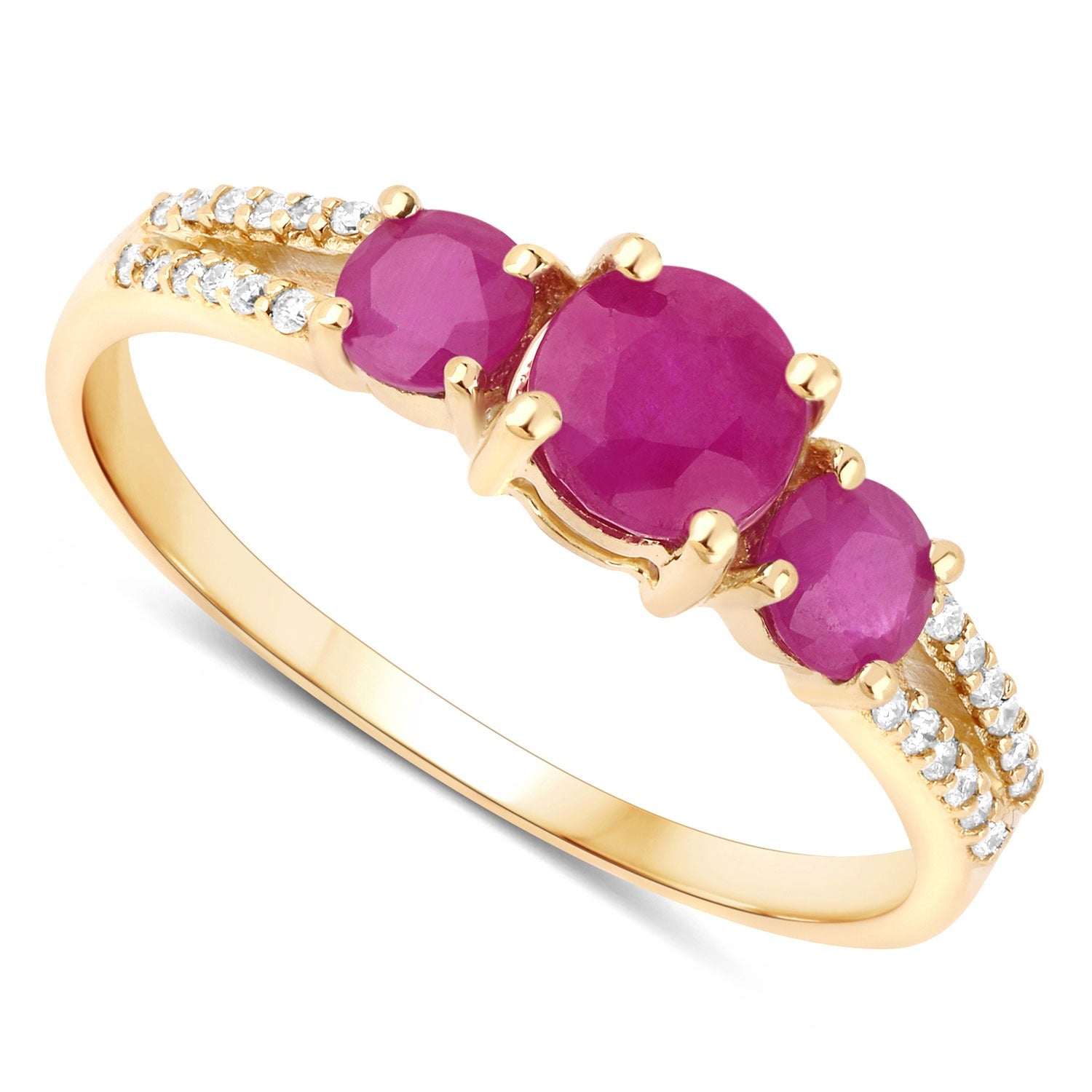1.02 Ct Round Three Stone Pink Ruby and White Diamond Prong 14K Yellow Gold Split Shank Ring
