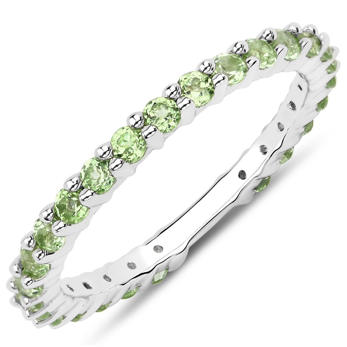 0.91 Ct Round Light Green Peridot Rhodium Over 925 Sterling Silver Eternity Band Ring