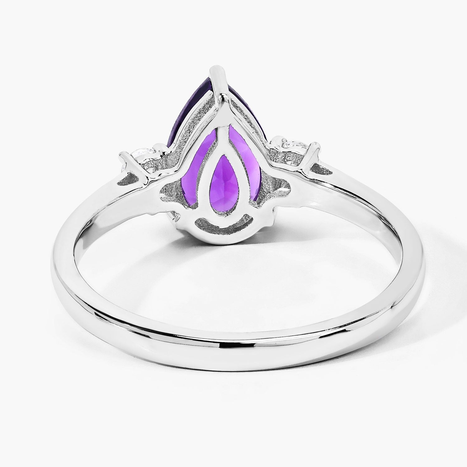 1.27 Carat Genuine Pear Shaped Purple Amethyst and Lab Diamond Silver 3 Stone Ring Fine Color Jewels