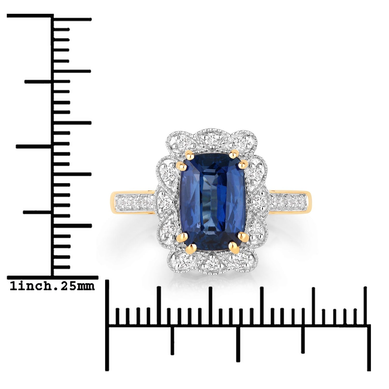 3.21 Ct Cushion Ceylon Blue Sapphire and White Diamond Prong 18K Gold Halo Statement Ring