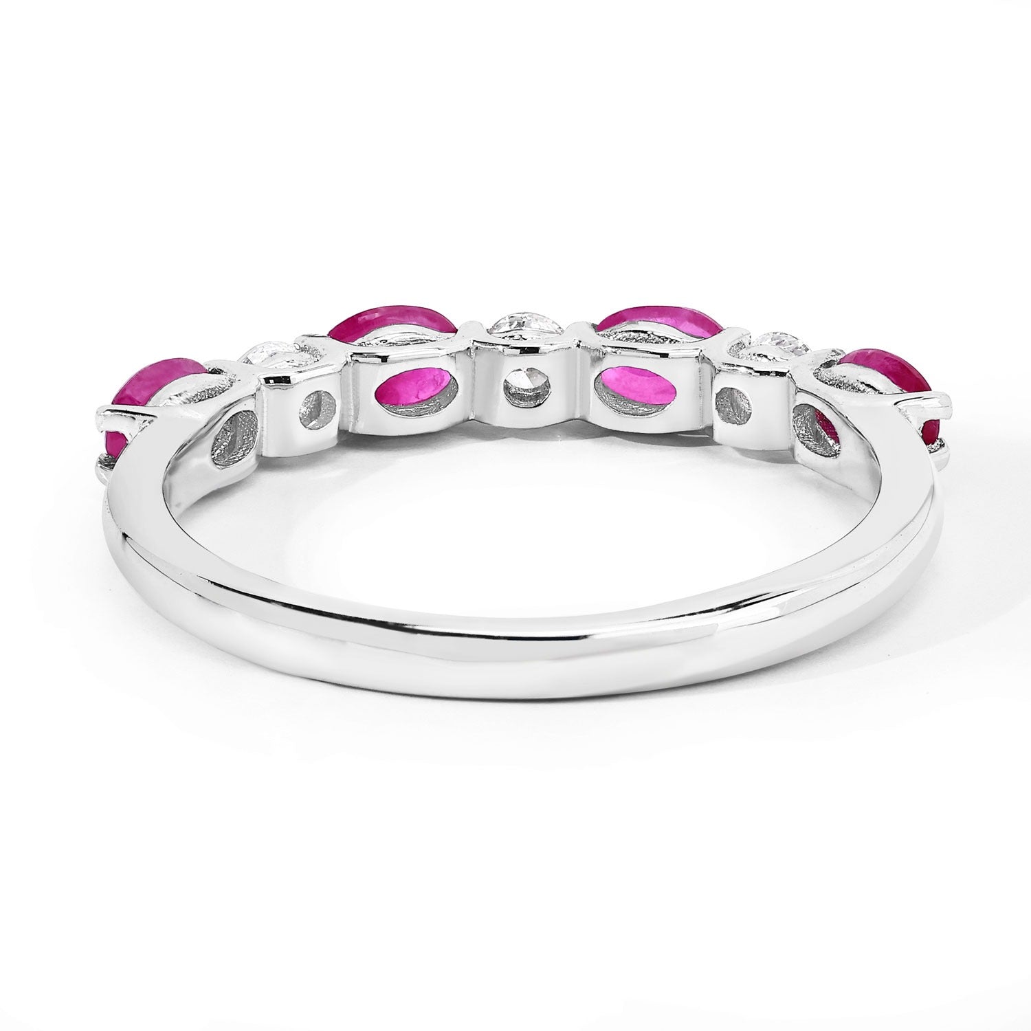 0.98 Ct Genuine Pink Oval Ruby and Lab Grown Diamond Eternity Silver Ring